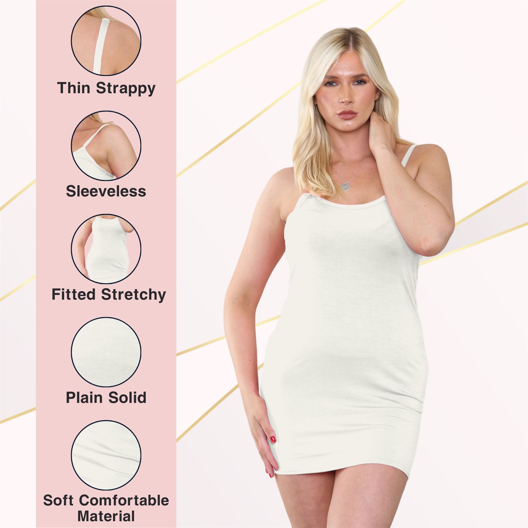 Womens Cami Bodycon Mini Dress Plain Strappy Vest Summer Tank Top Mini Dress - Picture 41 of 127