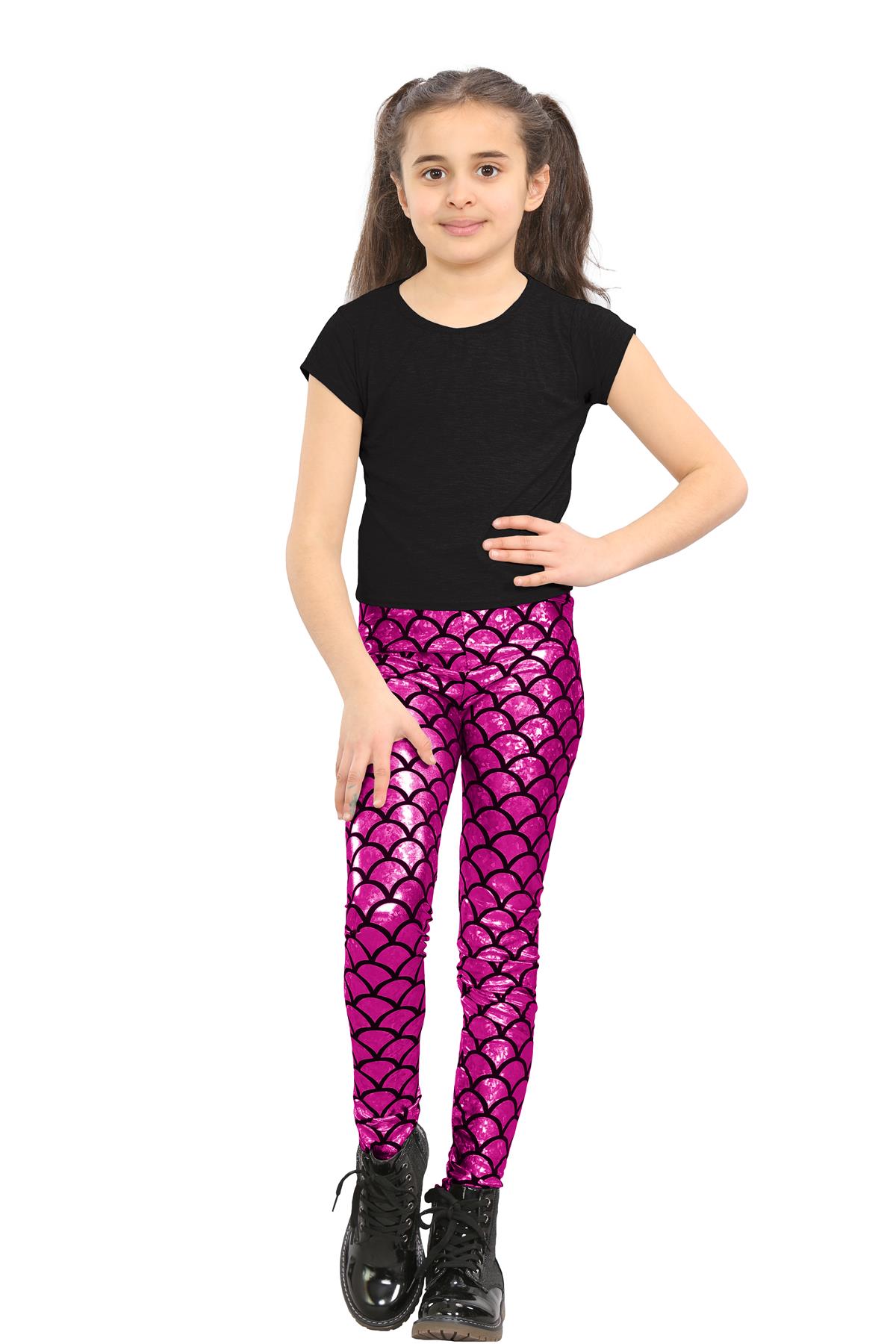 Girls Mermaid Leggings Kids Fish Scale Disco Skinny Shiny Metallic Trouser Pants - Picture 24 of 57