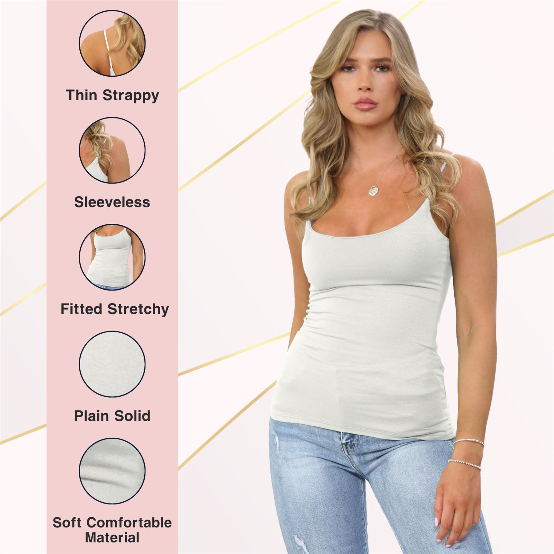 Womens Bodycon Cami Strappy Tank Top Plain Summer Activewear Vest Top, Pack of 3 - Picture 58 of 221