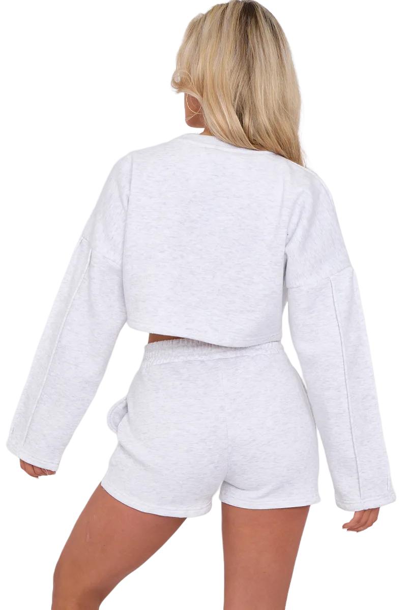 Womens Pleated Lined Crop Top Shorts Set 2 Pcs Co-ord Fleece Loungewear Suit - Picture 11 of 36