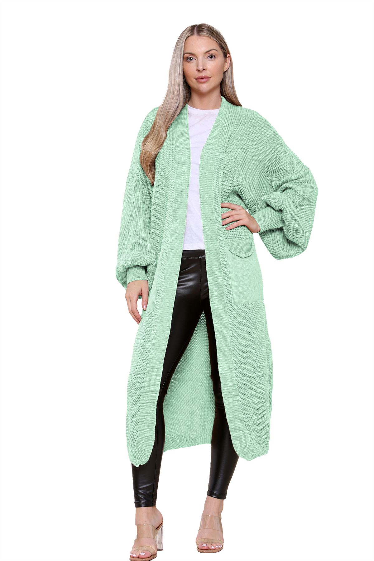 Ballonärmel Maxi Cardigan Damen übergroß gestrickt Winter Longline Pullover - Bild 72 von 134