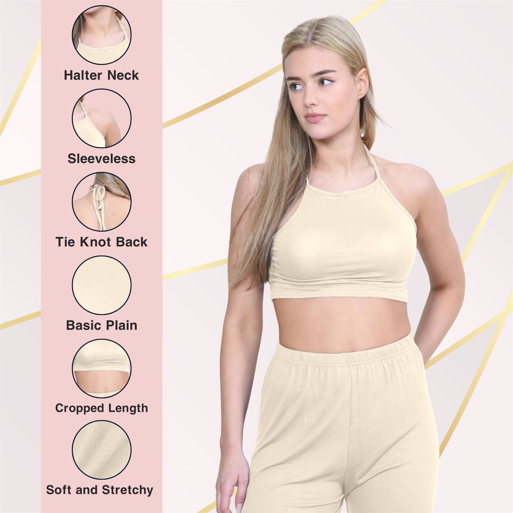 Halter Neck Crop Top Womens Vest Top Plain Tie Knot Top Basic Sleeveless T-Shirt - Picture 141 of 170