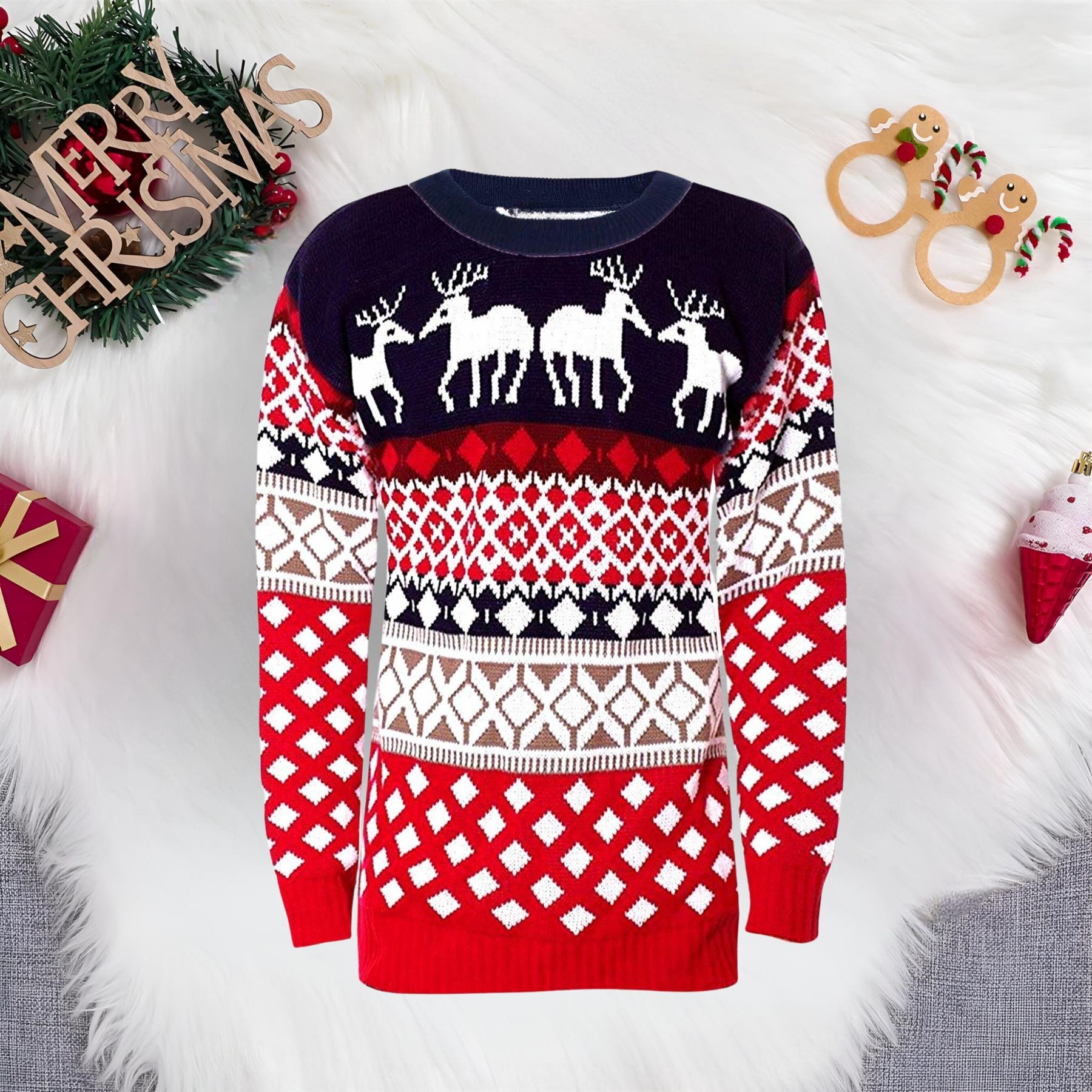 Christmas Reindeer Jumper Womens Knitted Funny Xmas Sweater Unisex Retro Jumpers - Picture 86 of 128