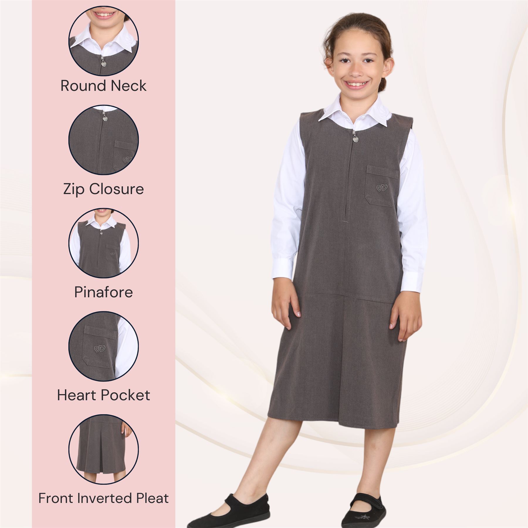 Niñas Corazón Bolsillo Delantal Niños Sin Mangas Plisado Cremallera Uniforme Escolar Vestido - Imagen 13 de 22