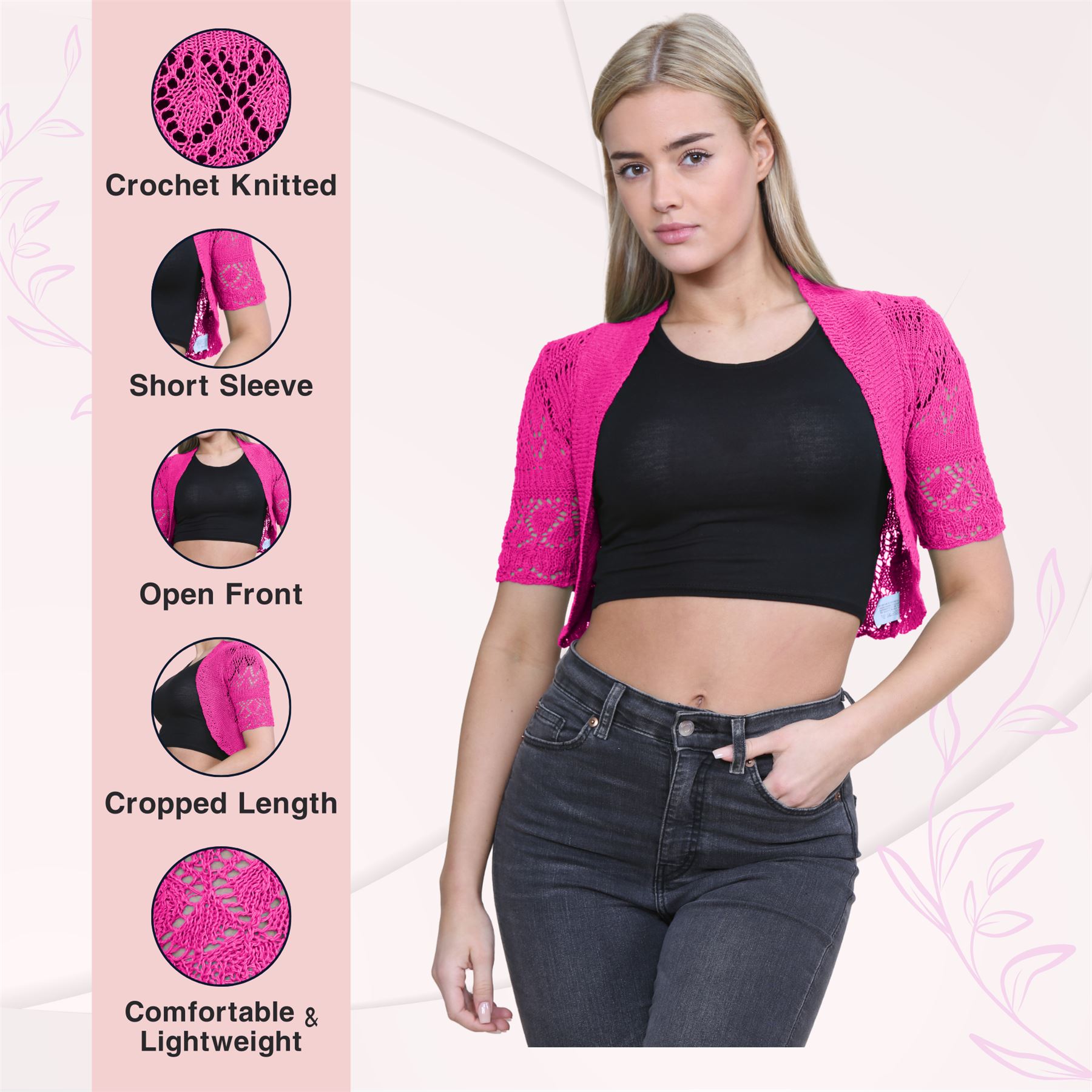 Womens Crochet Knitted Bolero Shrug Short Sleeve Open Front Cardigan Crop Top - Picture 29 of 186