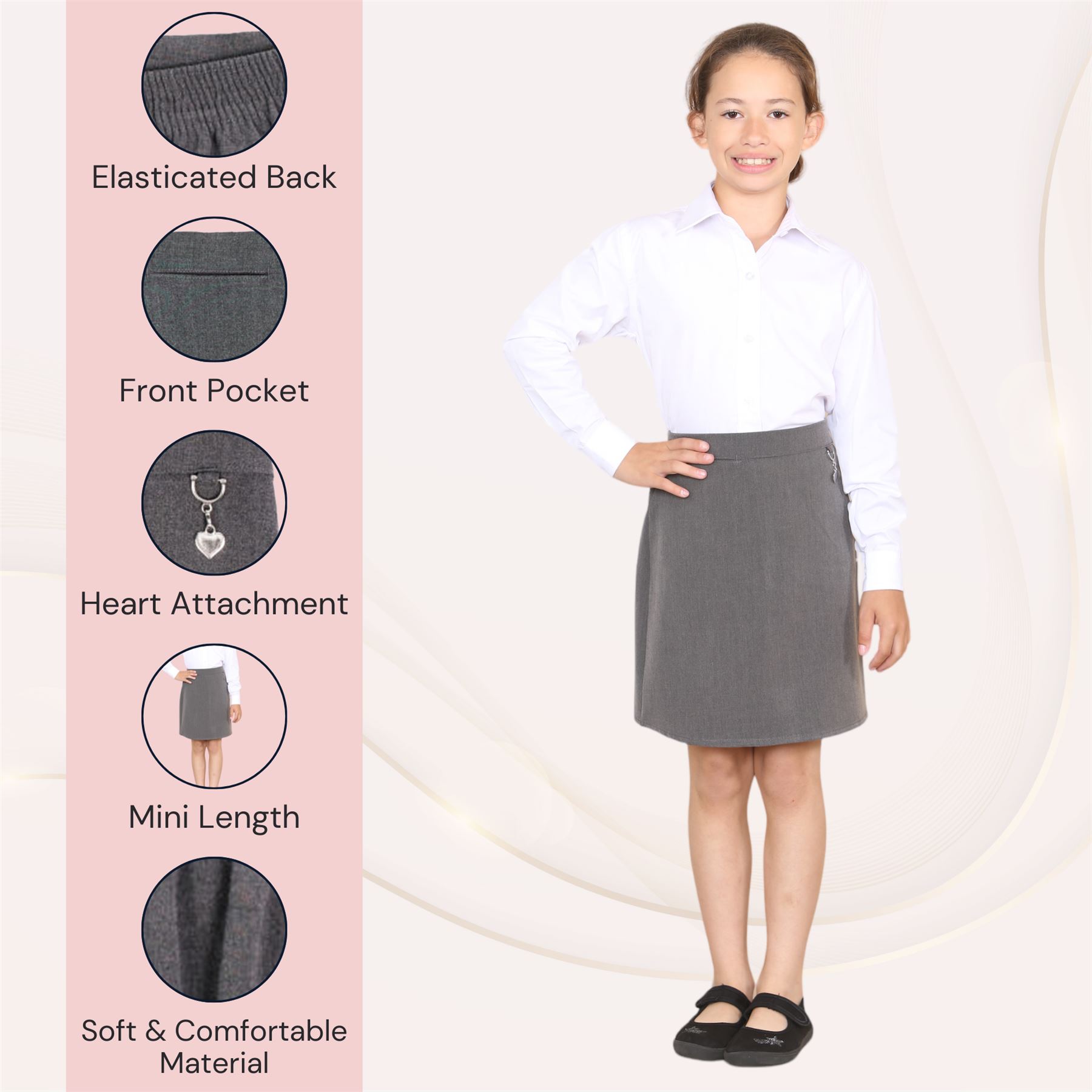 Girls Lycra School Skirt Heart Attachment Front Pocket Elasticated Back Uniform - Picture 19 of 29
