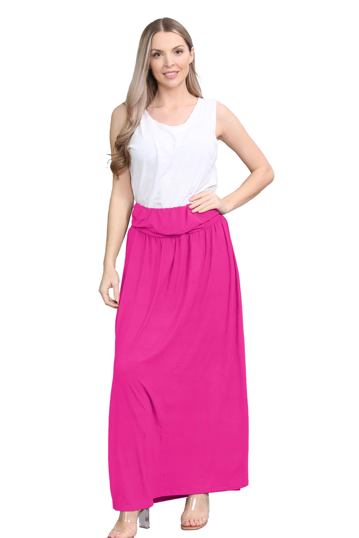 Womens Fold Over Maxi Skirt Plain Pleated Waist Jersey Summer Gypsy Long Skirt - Picture 6 of 68