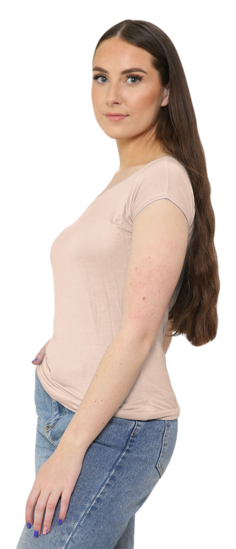 Nuevo Damas Mangas Cortas Hombro Liso Elastizado Calce Ajustado Bardot Camiseta Prenda para el torso - Imagen 49 de 58