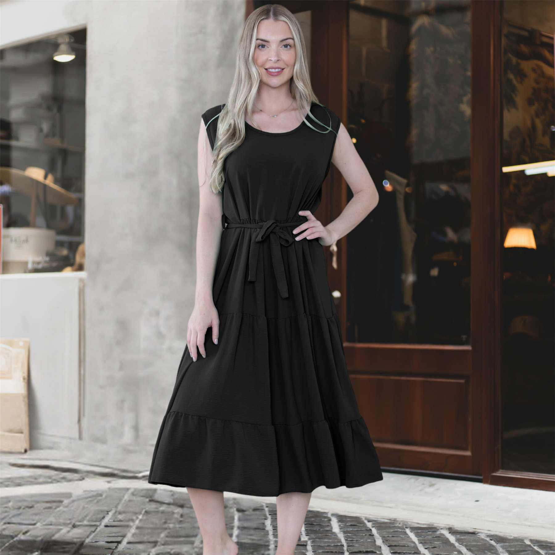 Womens Italian Smock Dress Sleeveless Belted Midi Dress Plain Frill Summer Dress - Picture 58 of 64