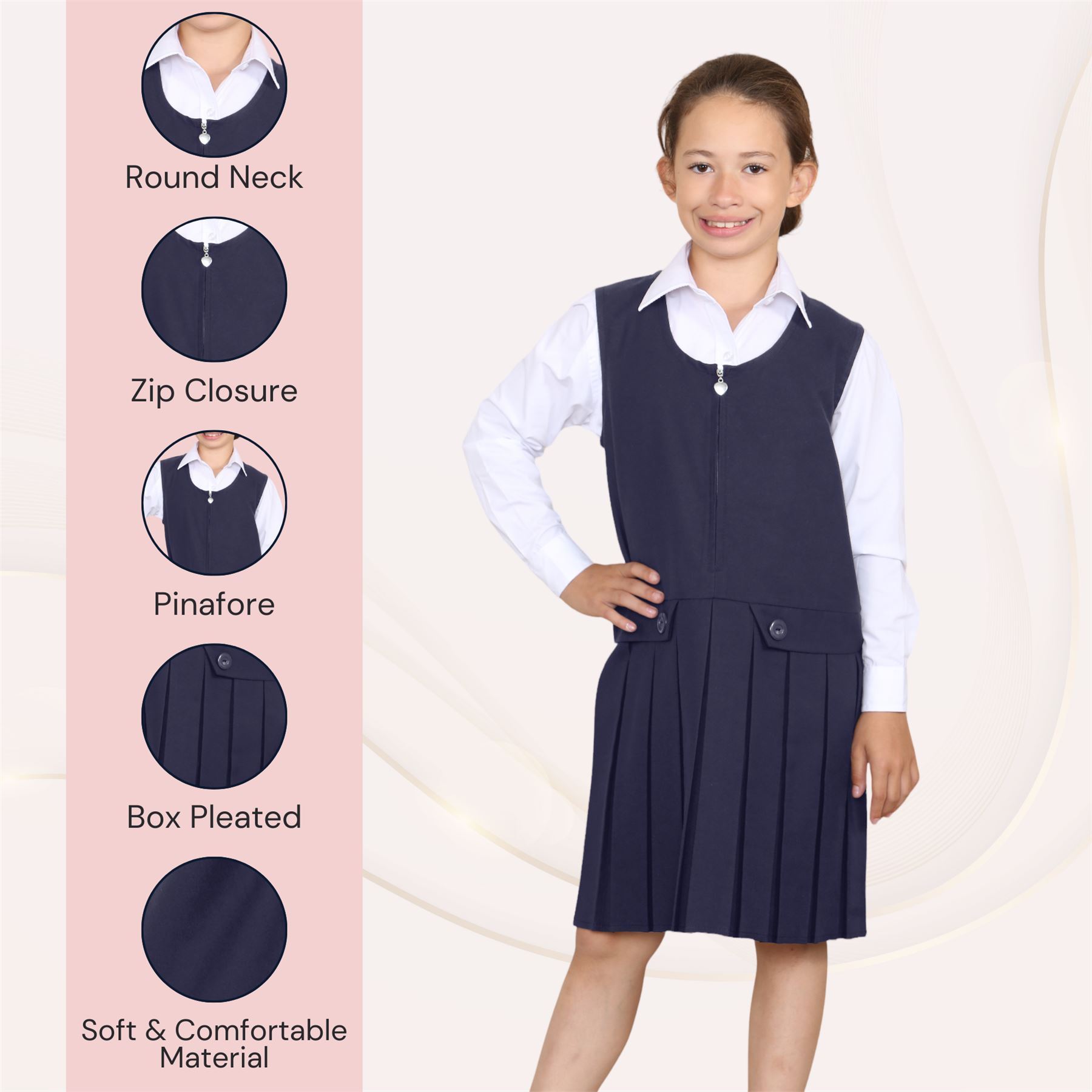 Niñas Delantal Vestido Caja Plisada Dos Botones Frontal Cremallera Uniforme Escolar Paquete de 2 - Imagen 20 de 23