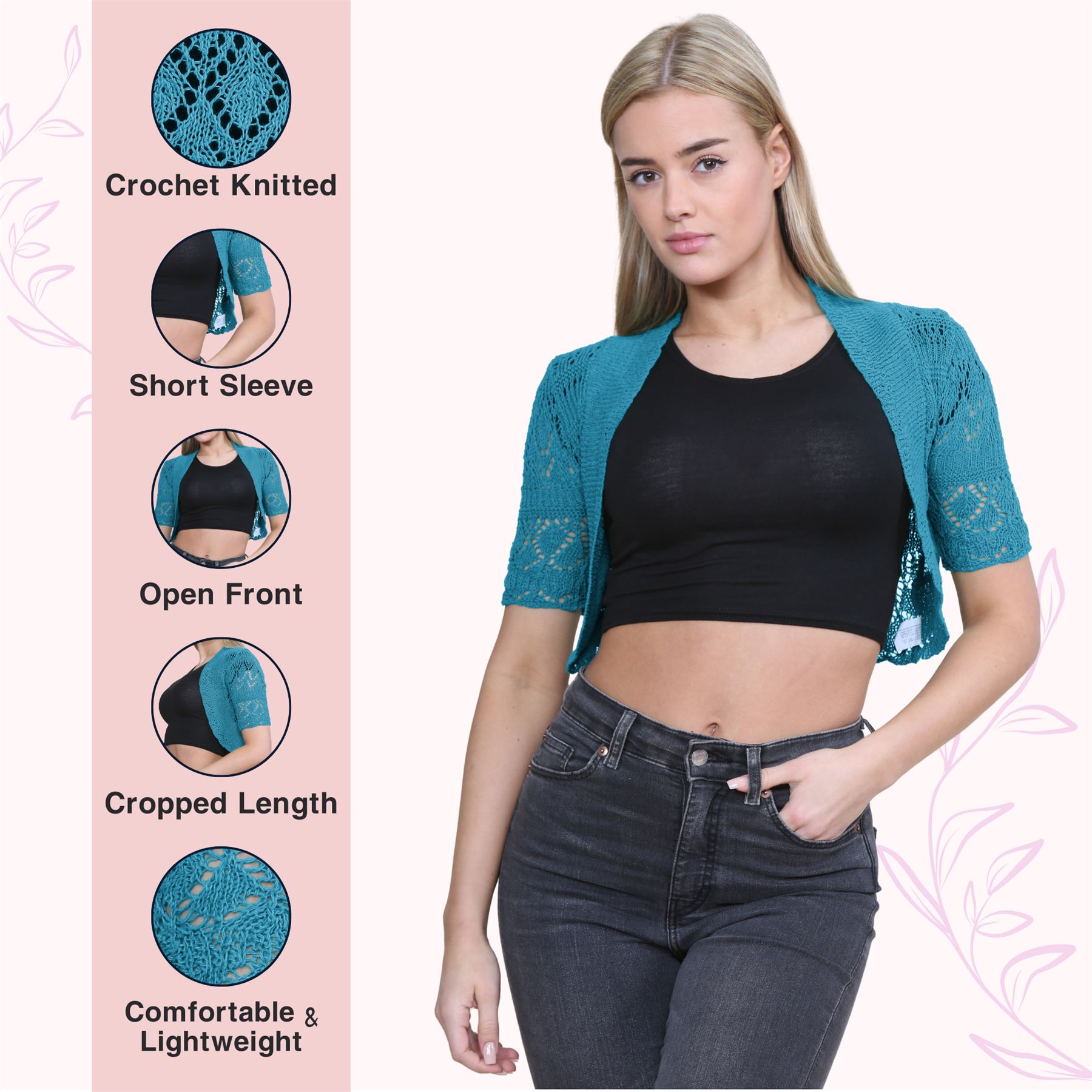 Womens Crochet Knitted Bolero Shrug Short Sleeve Open Front Cardigan Crop Top - Picture 160 of 186