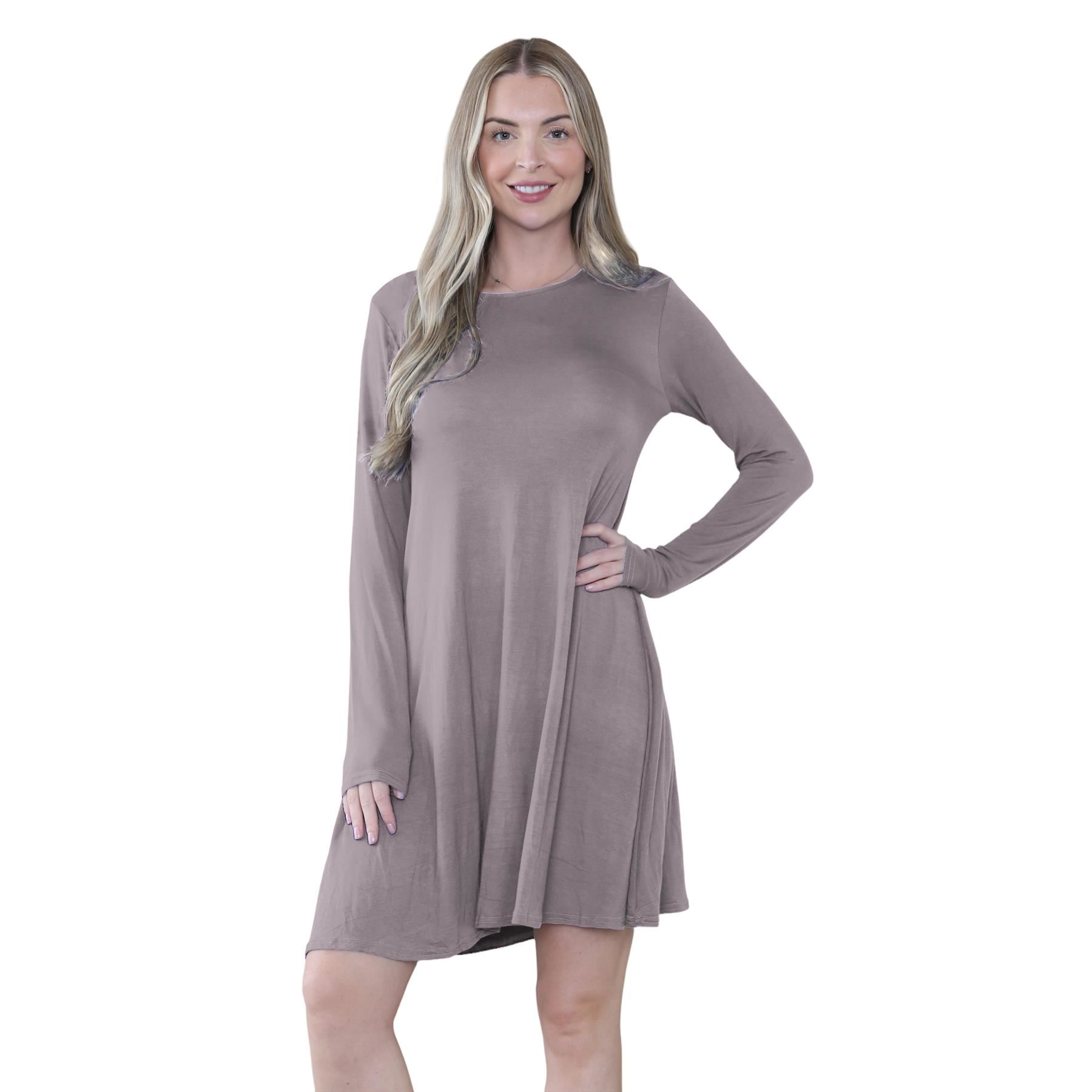 Damen Swing Kleid Uni Langarm Freizeit Ausgestellt A Linie Mini Oberteil Übergröße - Bild 49 von 100