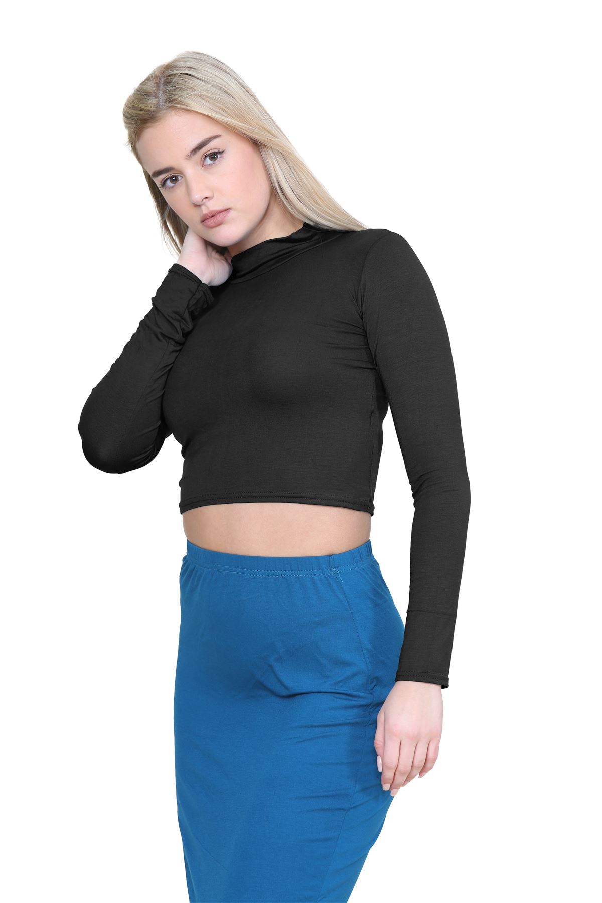 Turtle Neck Crop Top Womens Plain Long Sleeve Stretchy Basic Polo Neck T-Shirt - Picture 13 of 129