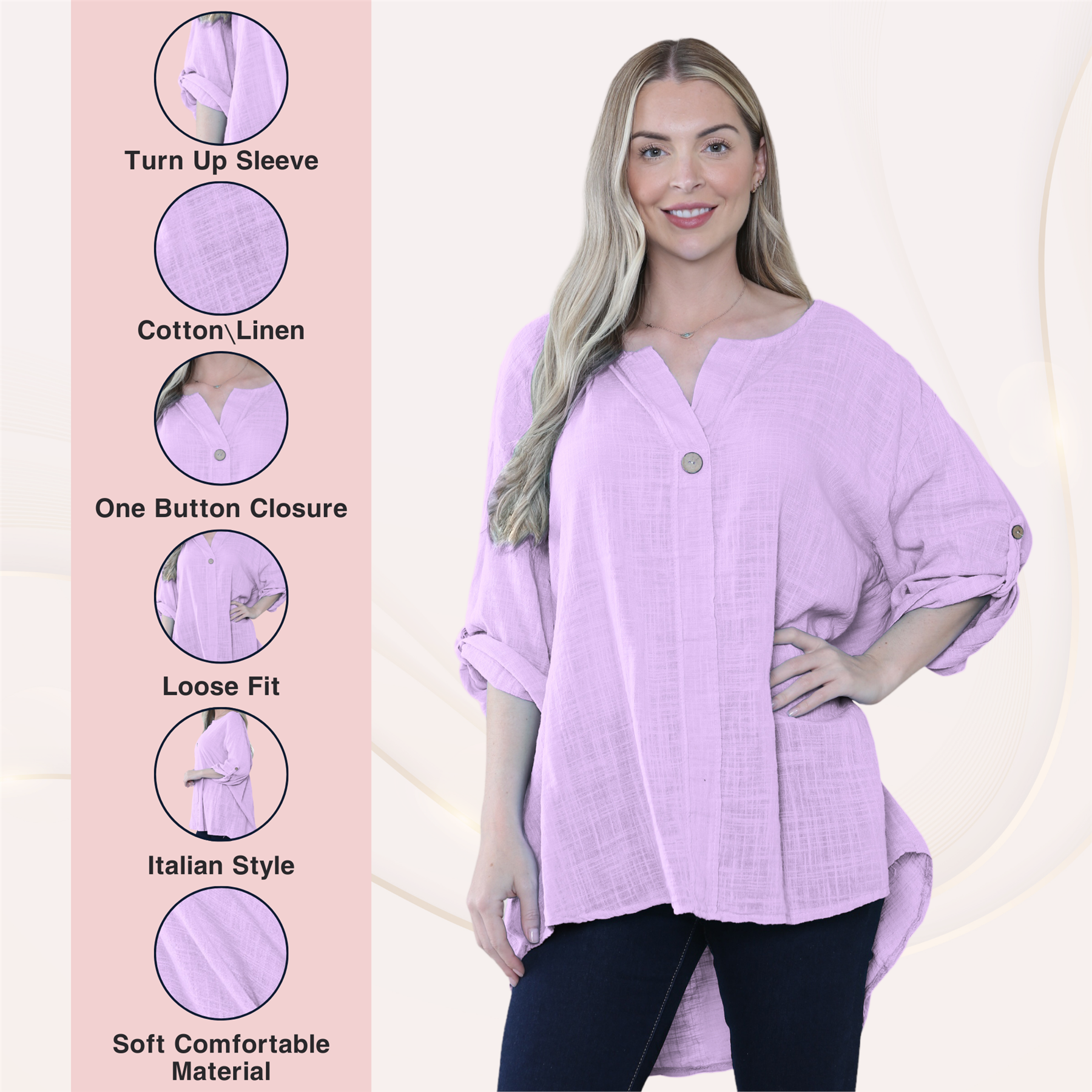 Camiseta informal lisa de lino y algodón con un botón de manga giratoria italiana para dama - Imagen 21 de 63