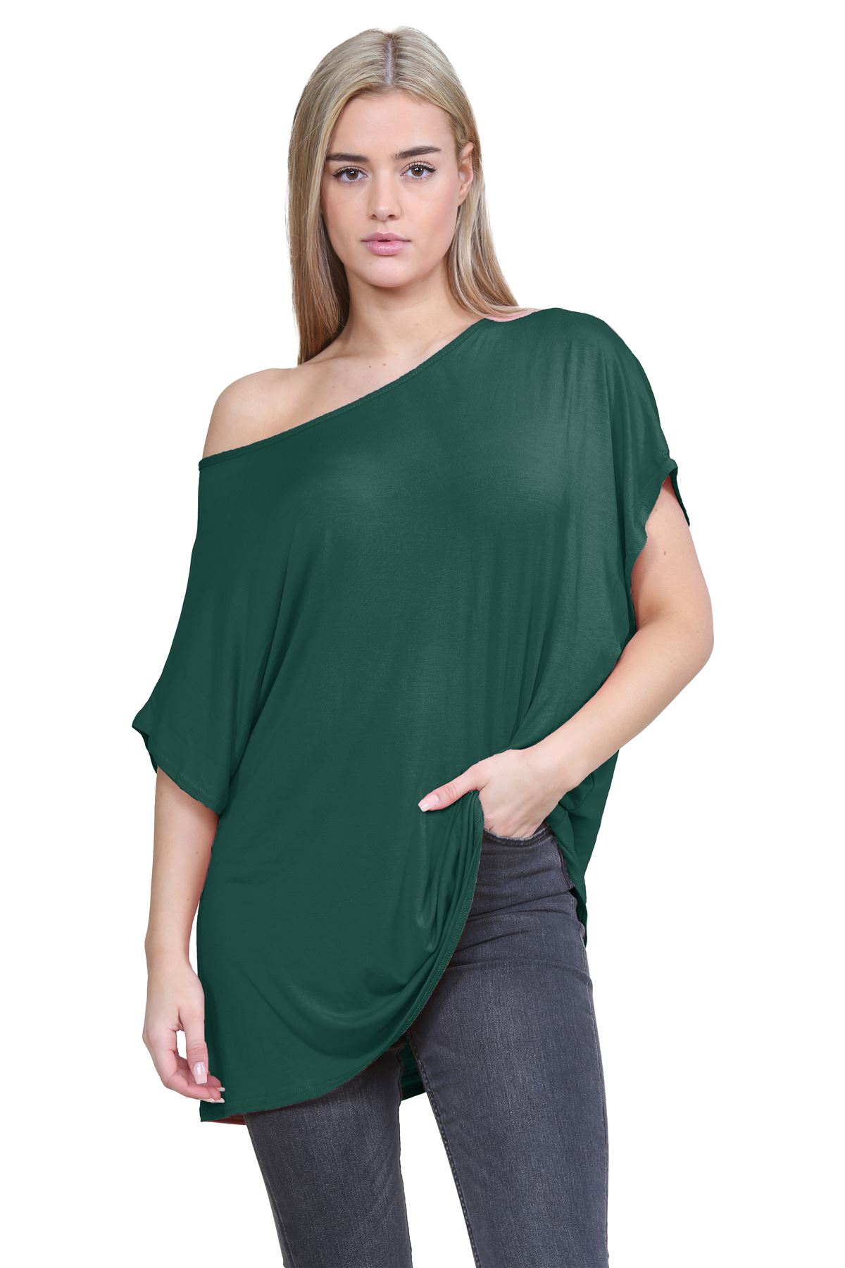 Womens Off Shoulder Top Batwing Sleeve Bardot Oversized T Shirt Plain Summer Top - Picture 22 of 225