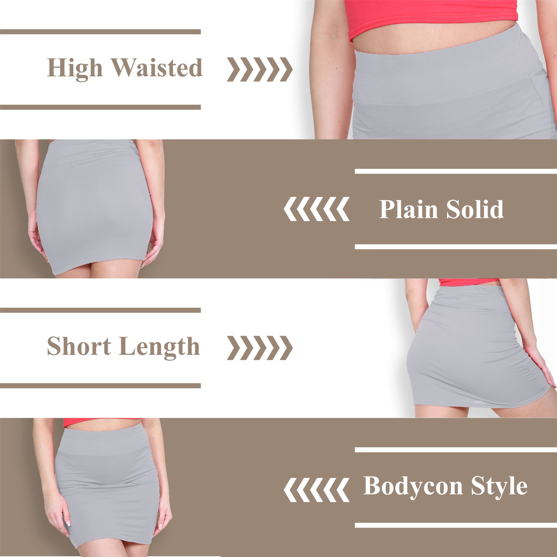 Womens Mini Skirt High Waisted Plain Printed Summer Bodycon Short Pencil Skirt - Picture 15 of 163