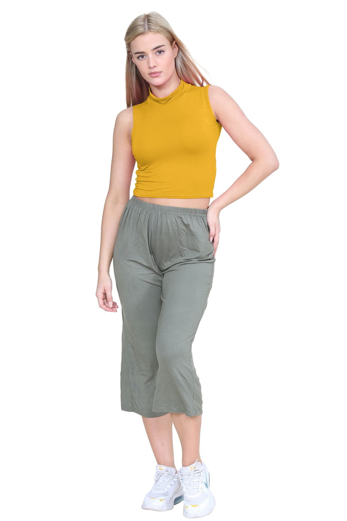 Womens Sleeveless Crop Top Ladies High Turtle Neck Plain Stretchy T-Shirt Vest - Picture 71 of 165