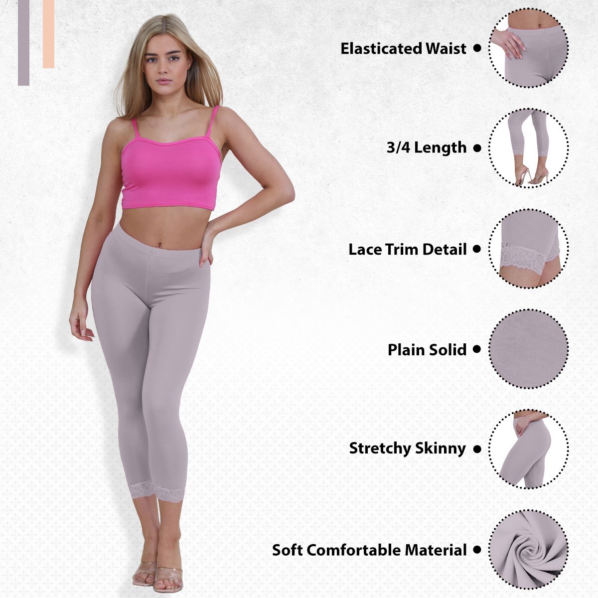 New Ladies Plain Lace Trim Cropped Yoga Stretchy 3/4 Length Capri Leggings Pants - Picture 54 of 132