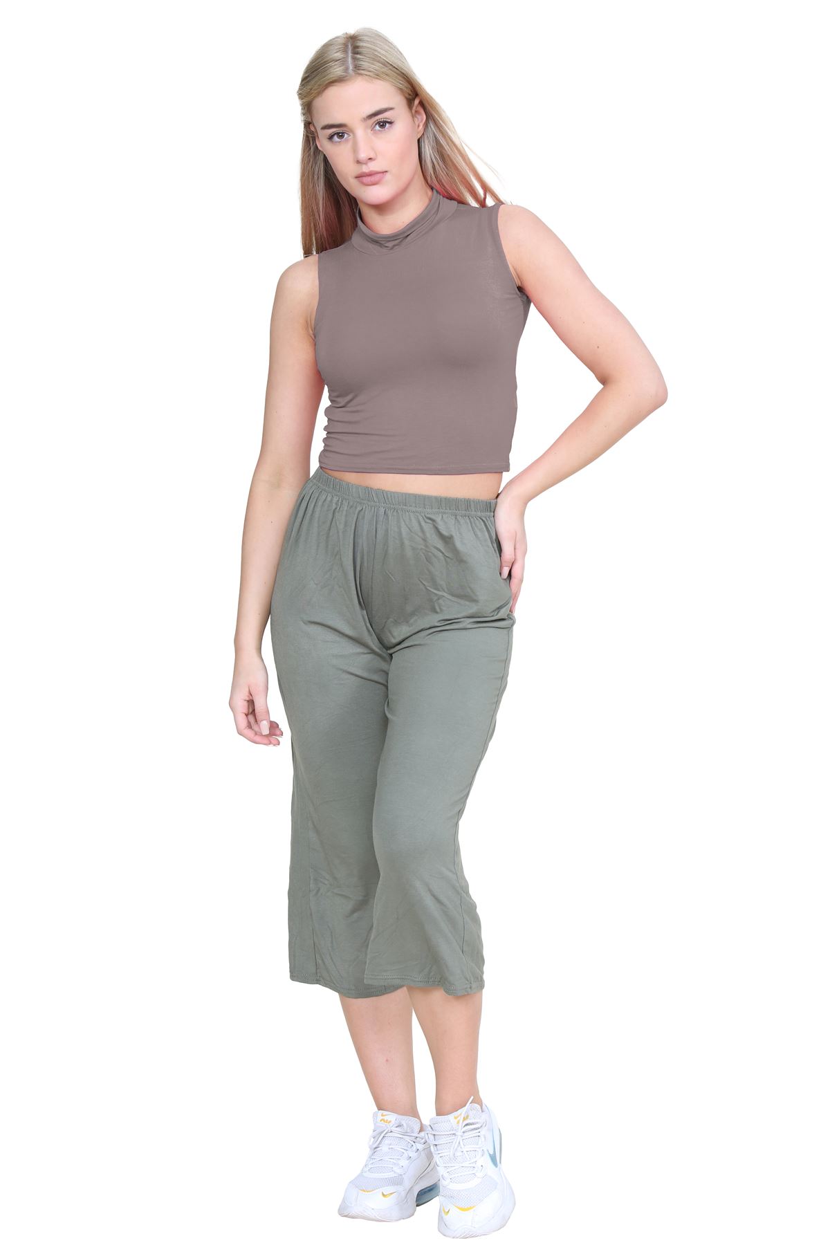 Womens Sleeveless Crop Top Ladies High Turtle Neck Plain Stretchy T-Shirt Vest - Picture 76 of 165