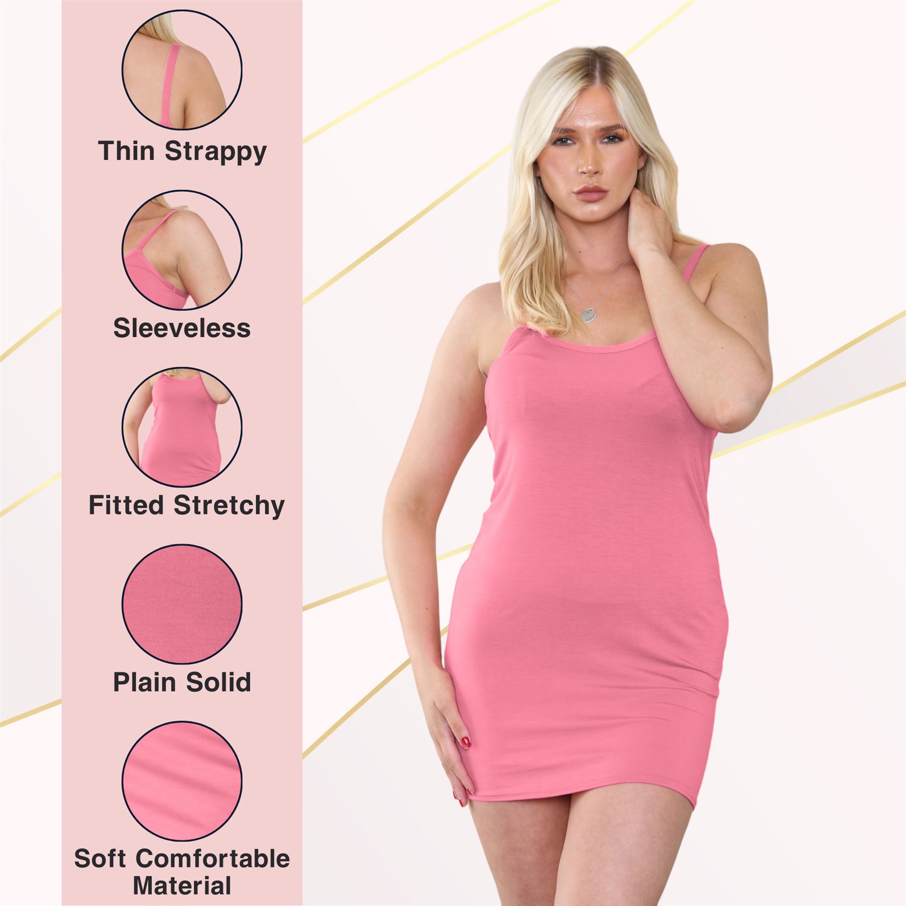 Womens Cami Bodycon Mini Dress Plain Strappy Vest Summer Tank Top Mini Dress - Picture 34 of 127