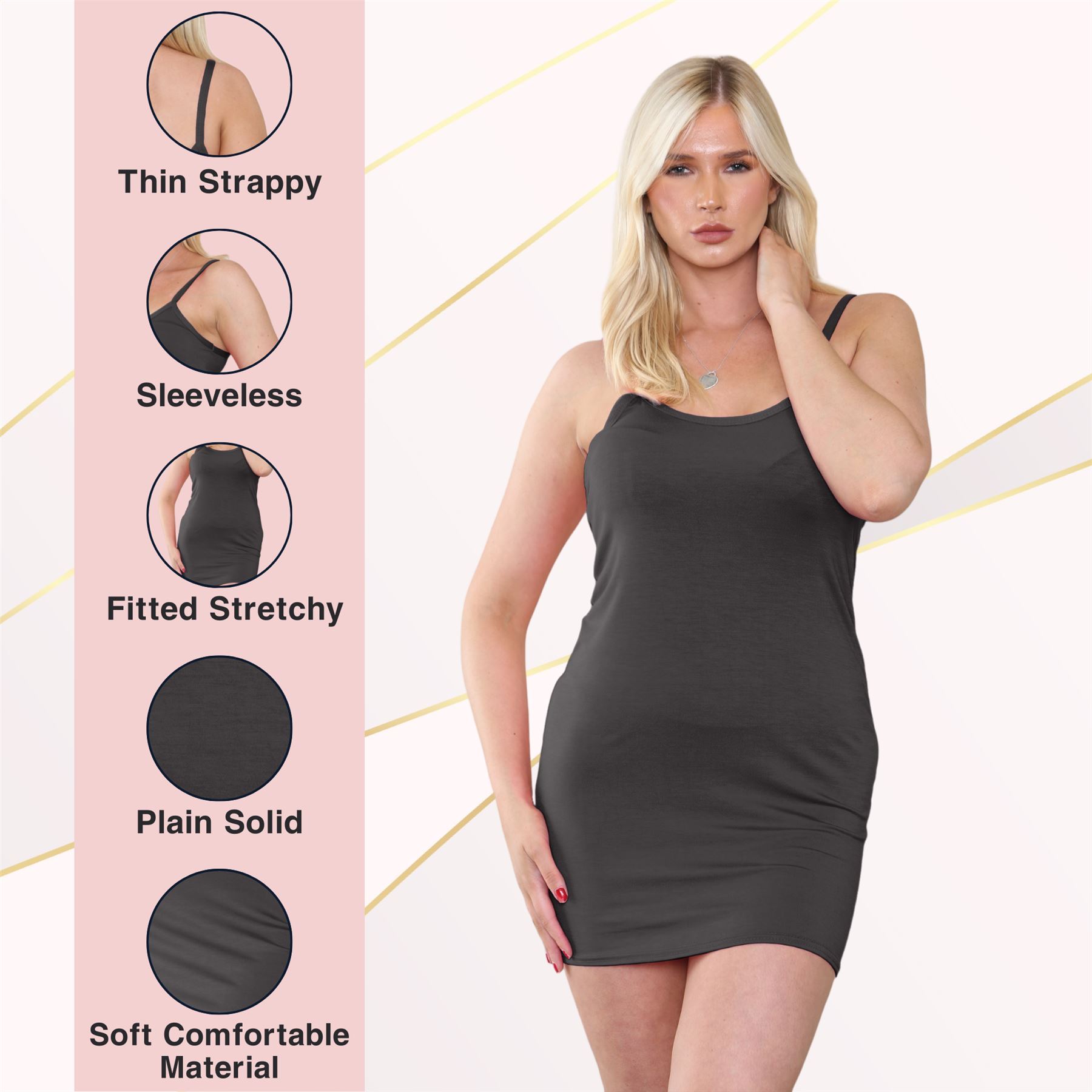 Womens Cami Bodycon Mini Dress Plain Strappy Vest Summer Tank Top Mini Dress - Picture 27 of 127