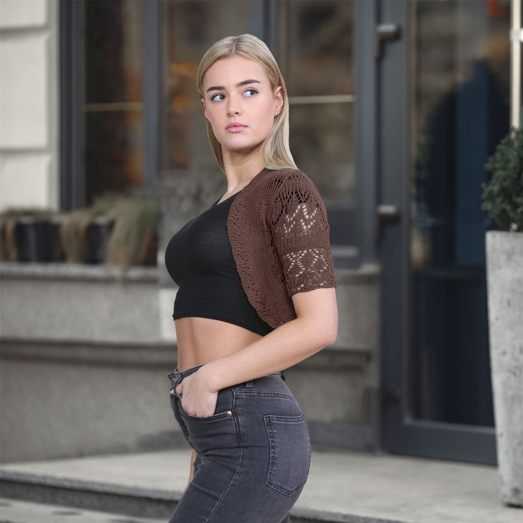Womens Crochet Knitted Bolero Shrug Short Sleeve Open Front Cardigan Crop Top - Picture 121 of 186