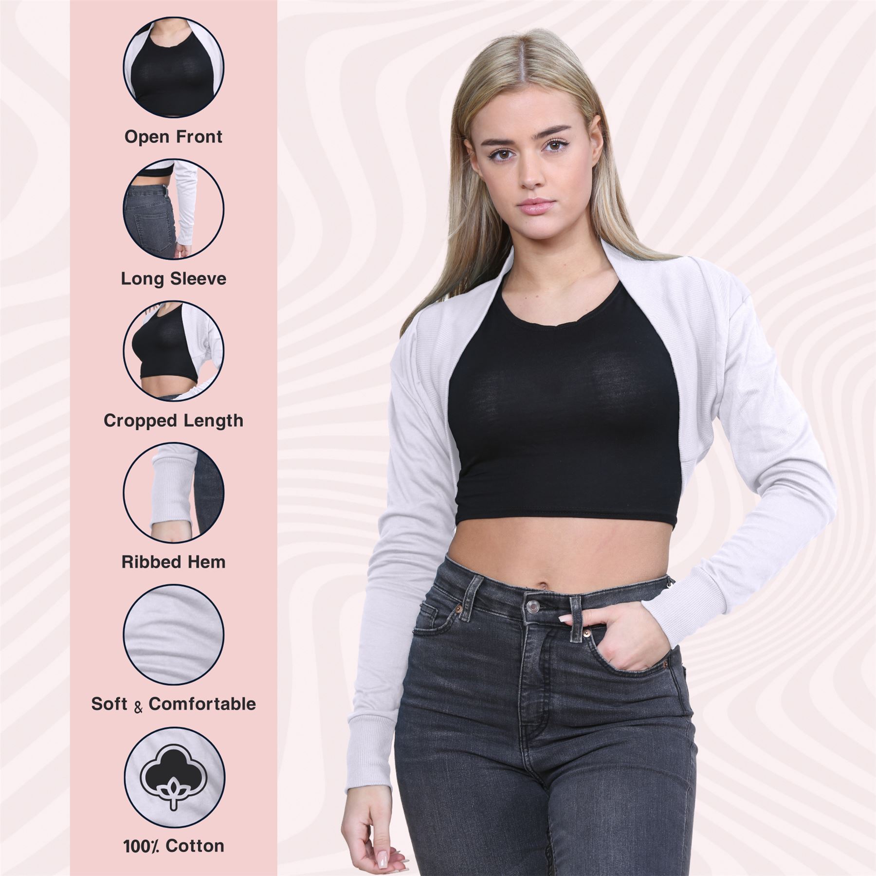 Ladies Long Sleeve Cotton Shrug Plain Open Bolero Cardigan Soft Summer Crop Top - Picture 82 of 84