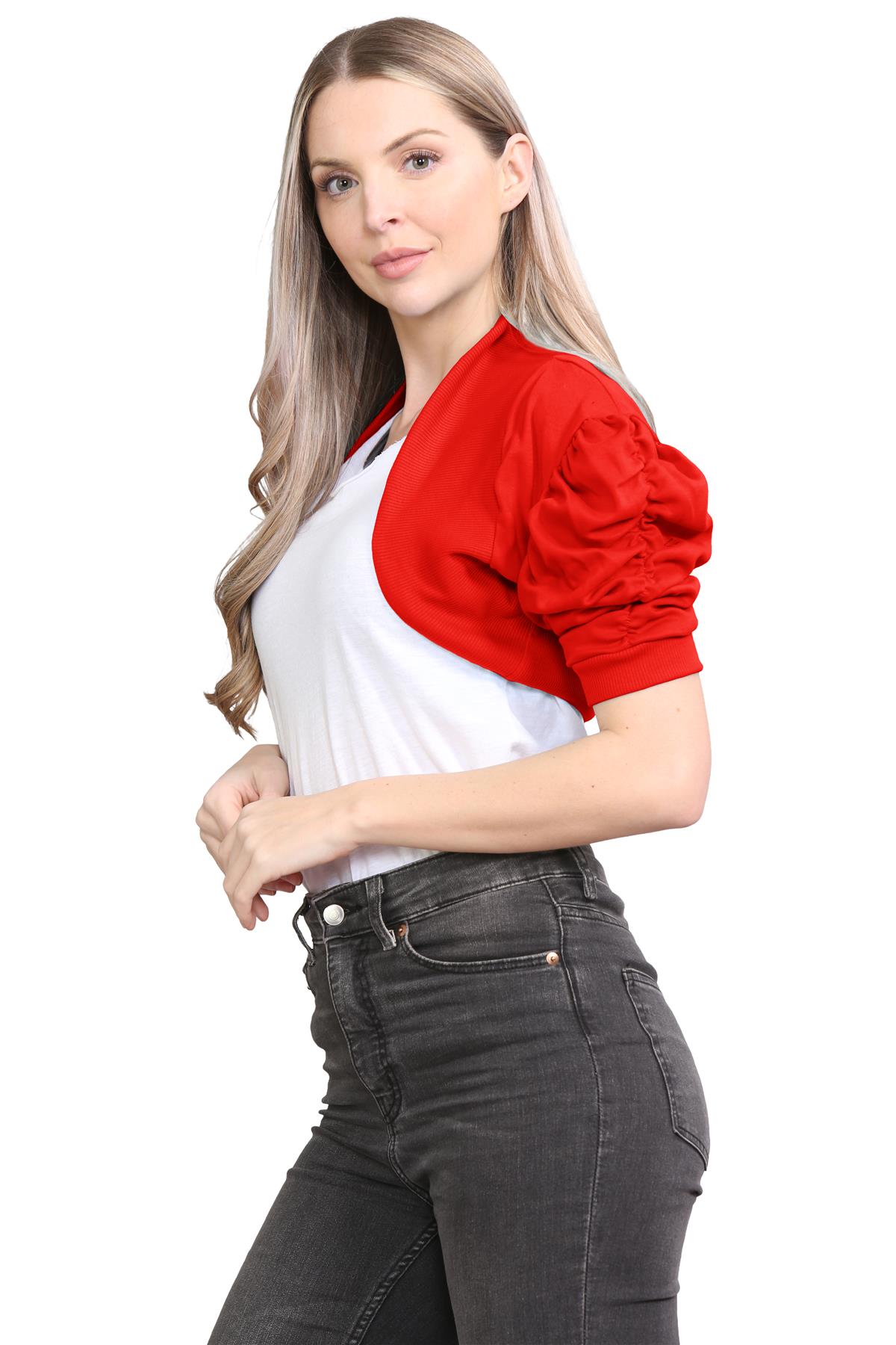 Womens Bolero Shrug Ruched Puff Sleeves Plain Open Cardigan Soft Cotton Crop Top - Picture 77 of 100