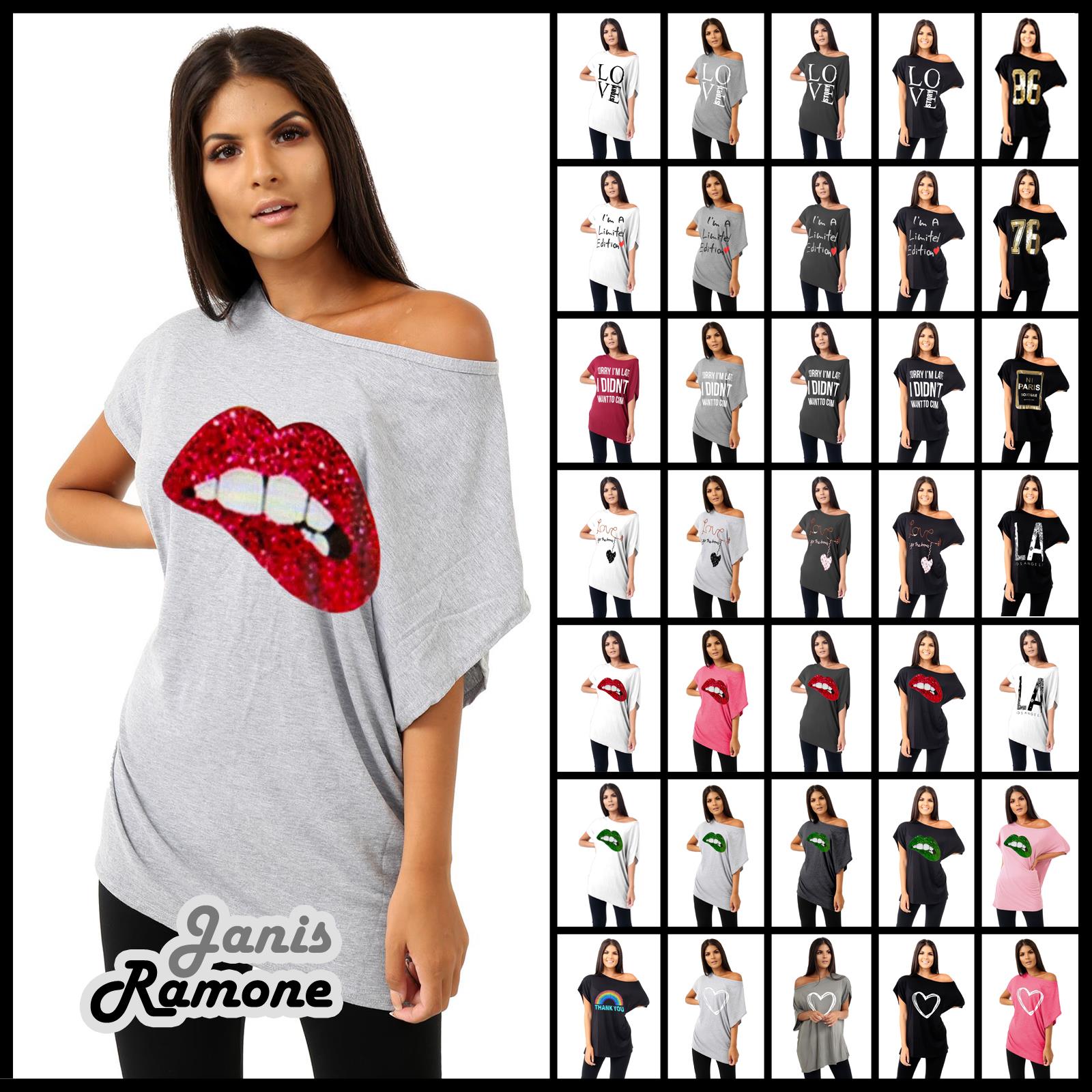 Womens Off Shoulder Top Short Sleeve Printed Baggy Lagenlook T