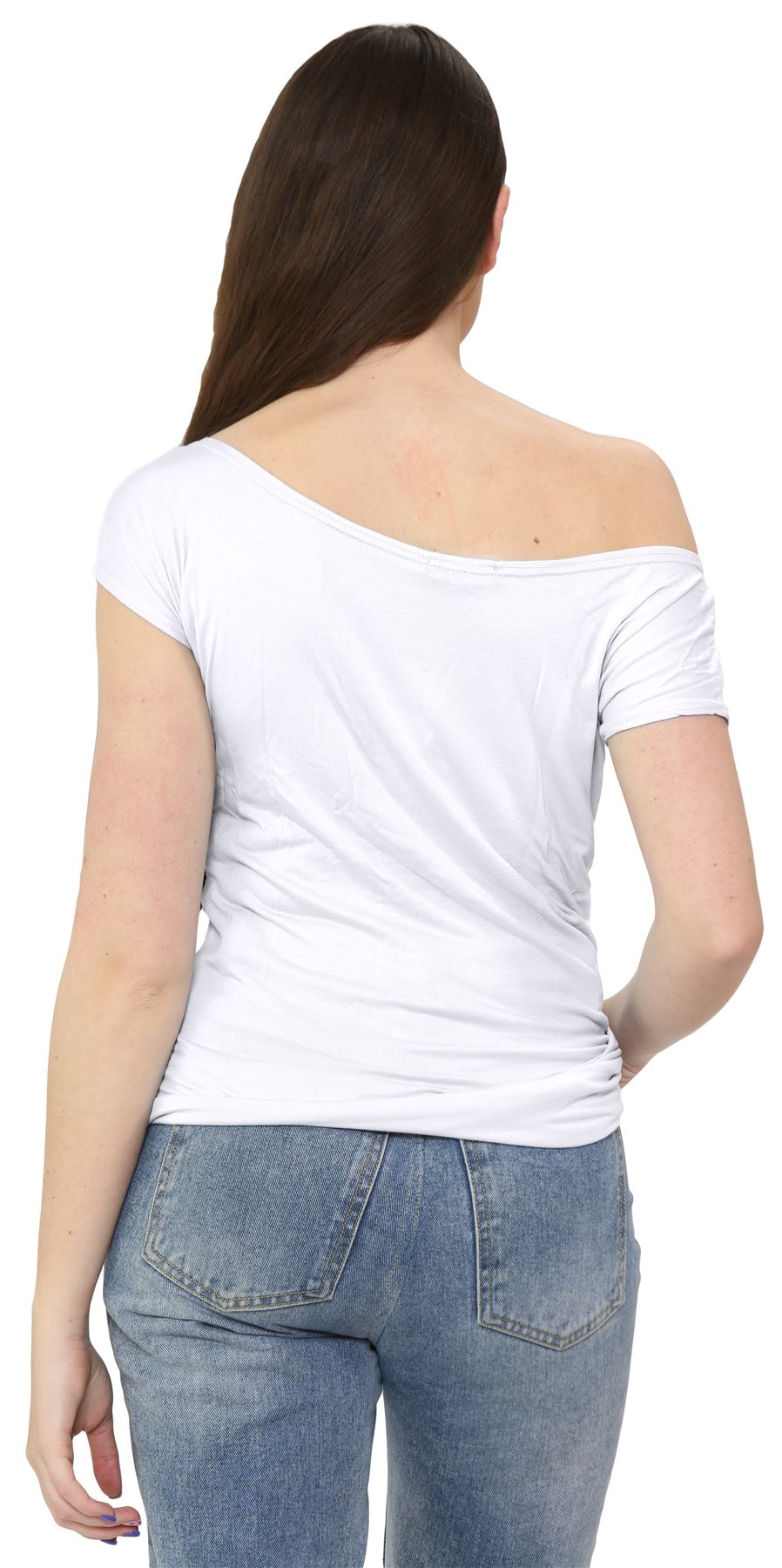 Nuevo Damas Mangas Cortas Hombro Liso Elastizado Calce Ajustado Bardot Camiseta Prenda para el torso - Imagen 57 de 58