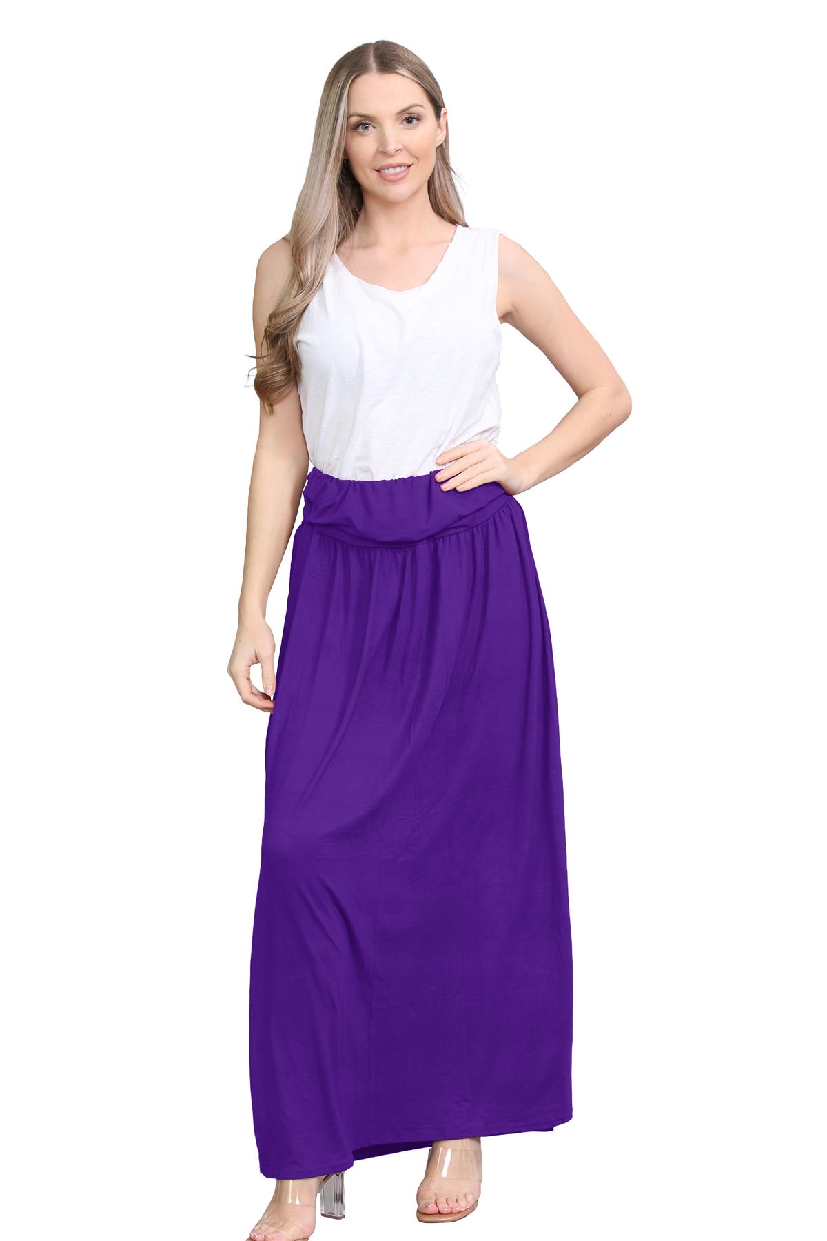Womens Fold Over Maxi Skirt Plain Pleated Waist Jersey Summer Gypsy Long Skirt - Picture 39 of 68