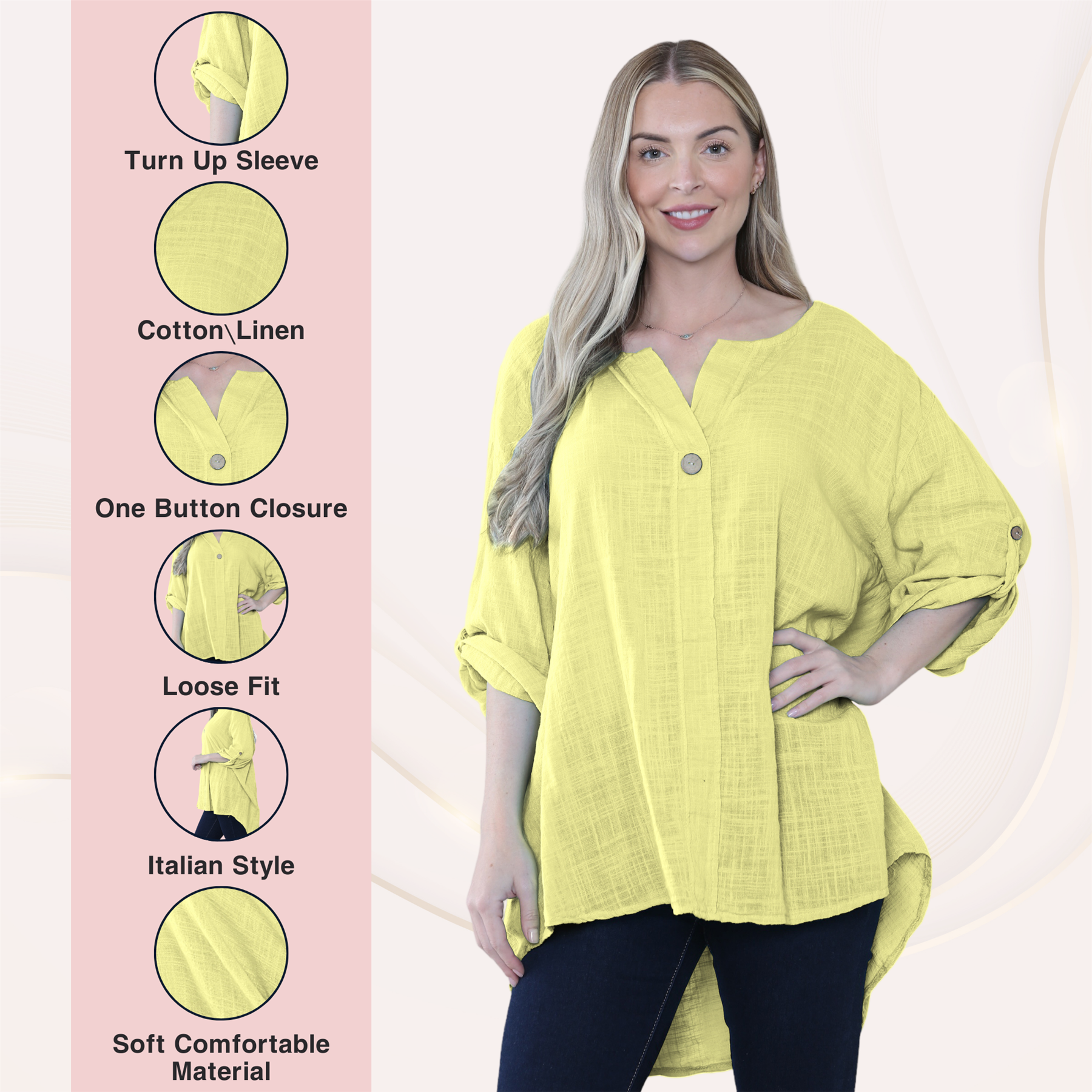Camiseta informal lisa de lino y algodón con un botón de manga giratoria italiana para dama - Imagen 61 de 63