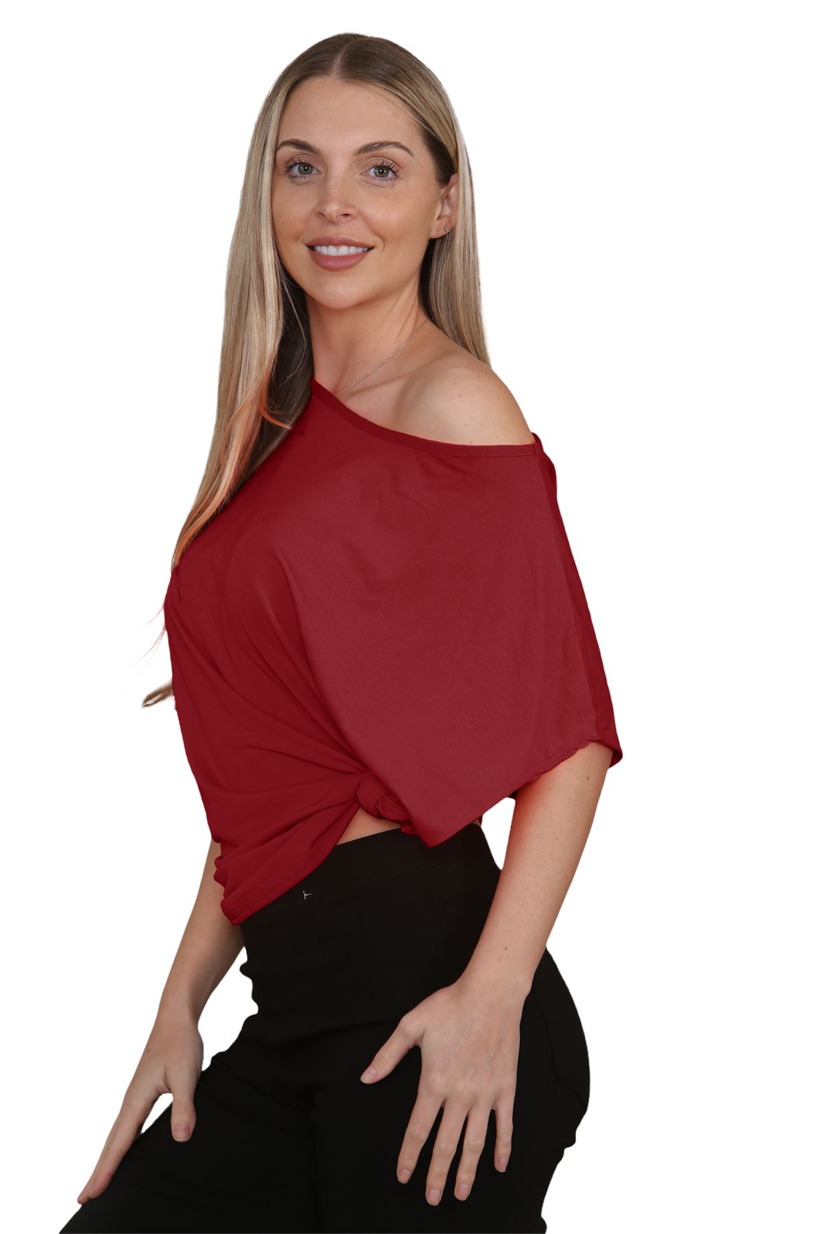 Womens Oversized T Shirt Top Short Sleeve Tie Knot Bardot Off Shoulder Crop Top - Picture 63 of 65