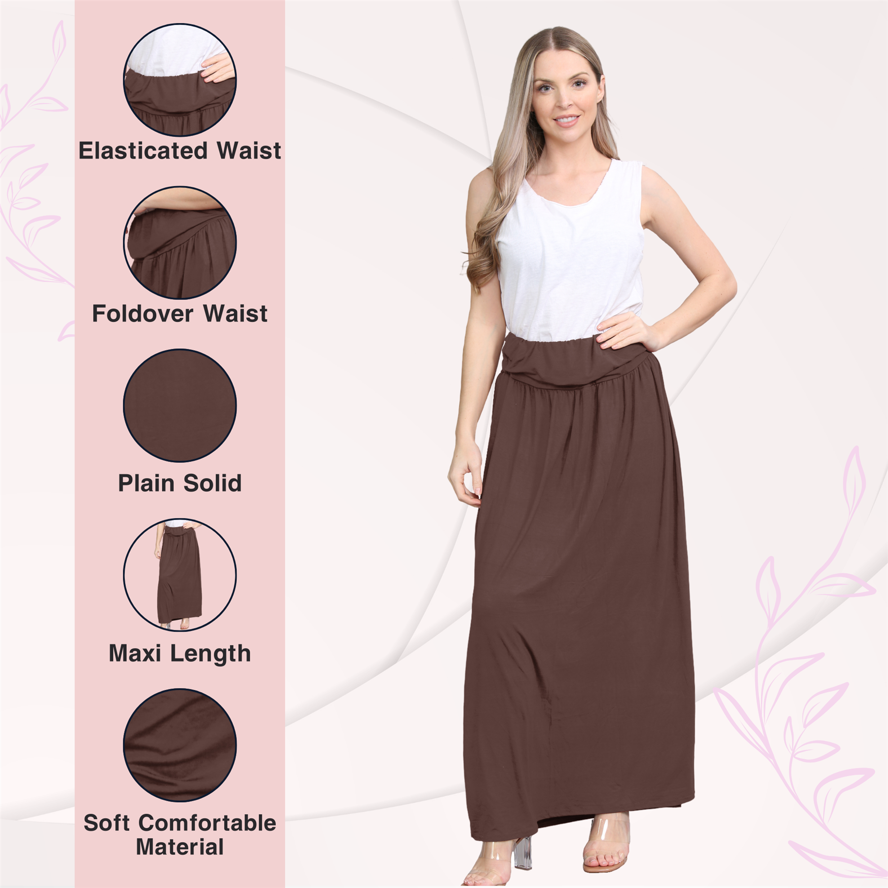 Womens Fold Over Maxi Skirt Plain Pleated Waist Jersey Summer Gypsy Long Skirt - Picture 5 of 68