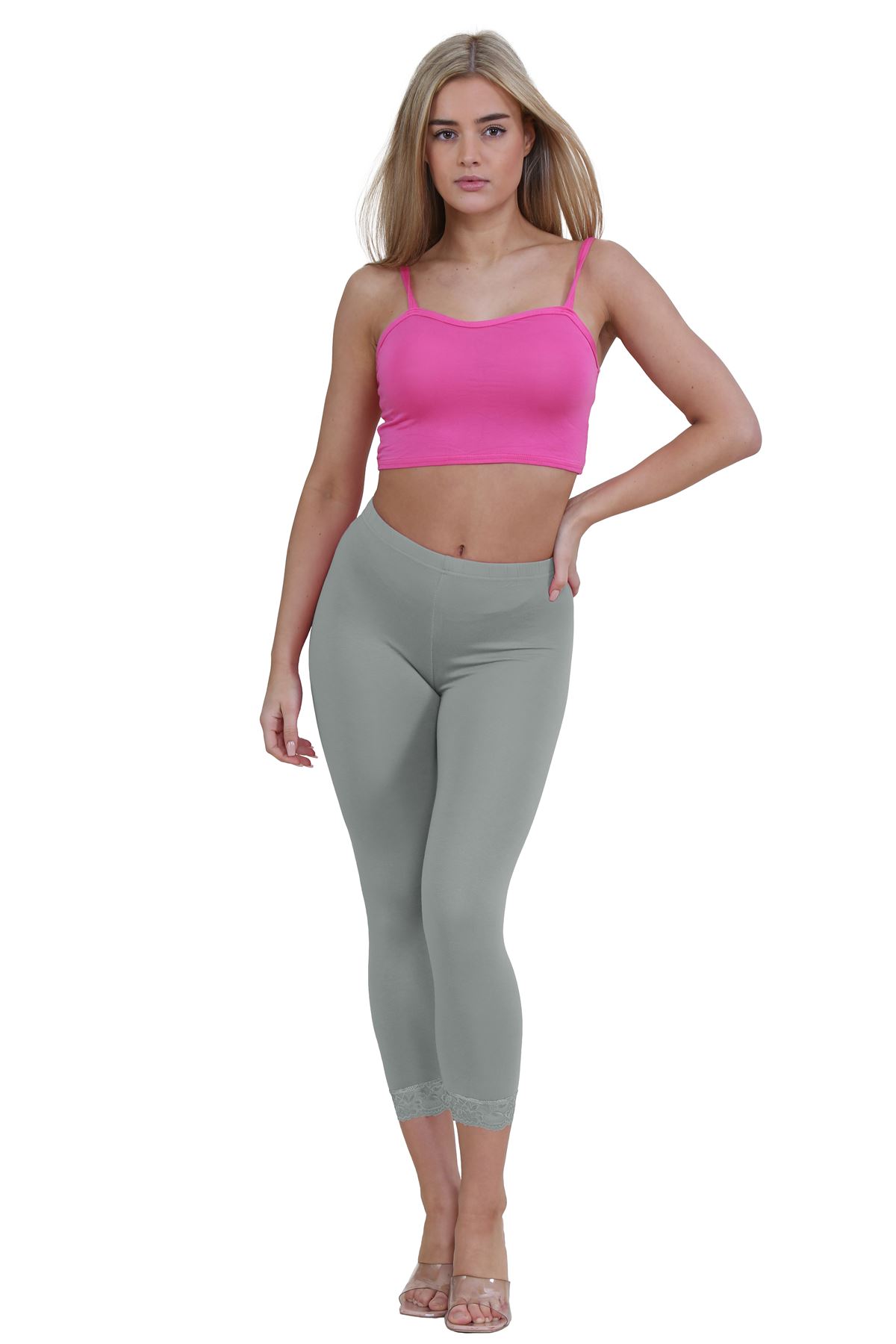 New Ladies Plain Lace Trim Cropped Yoga Stretchy 3/4 Length Capri Leggings Pants - Picture 47 of 132