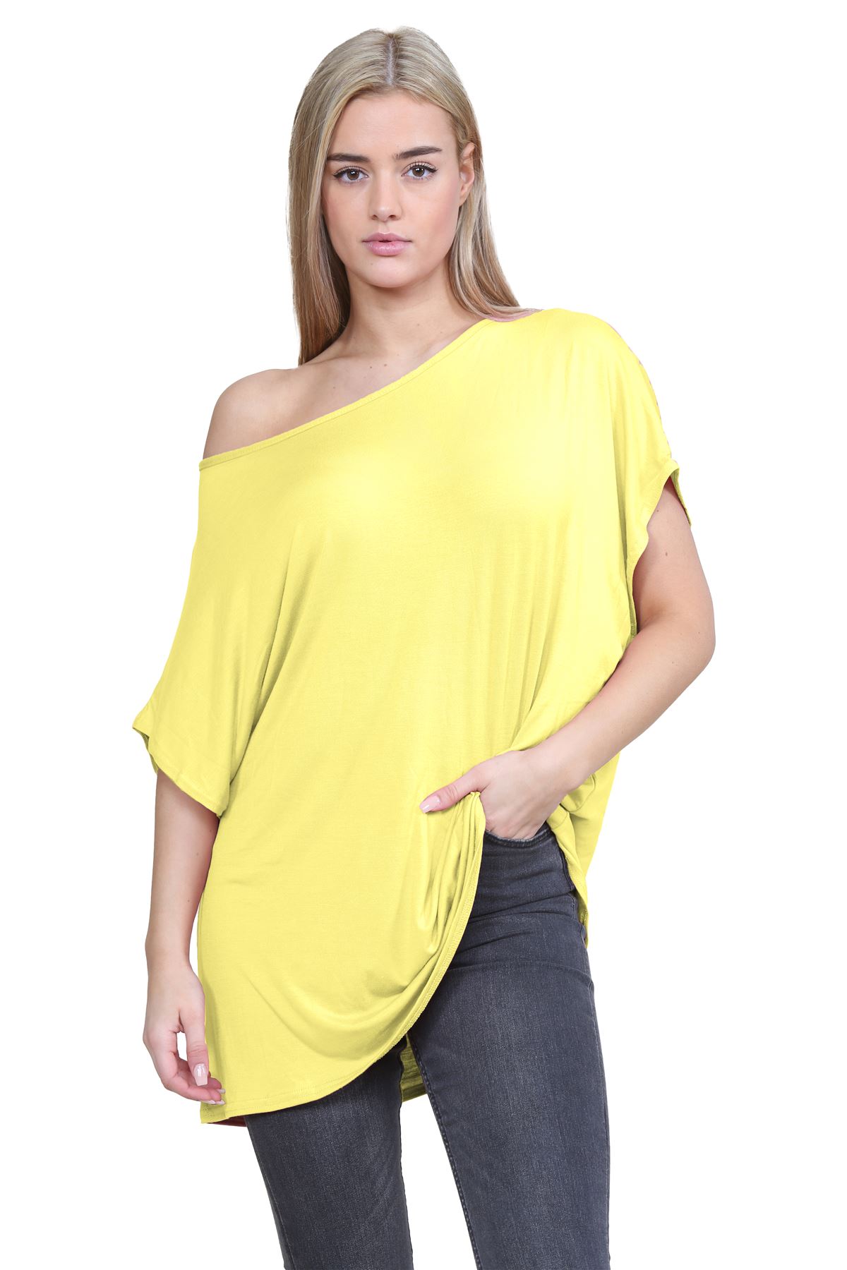 Schulterfreies Damen-T-Shirt Oberteil Fledermausärmel Oversize uni Freizeit Bardot Oberteil - Bild 220 von 225
