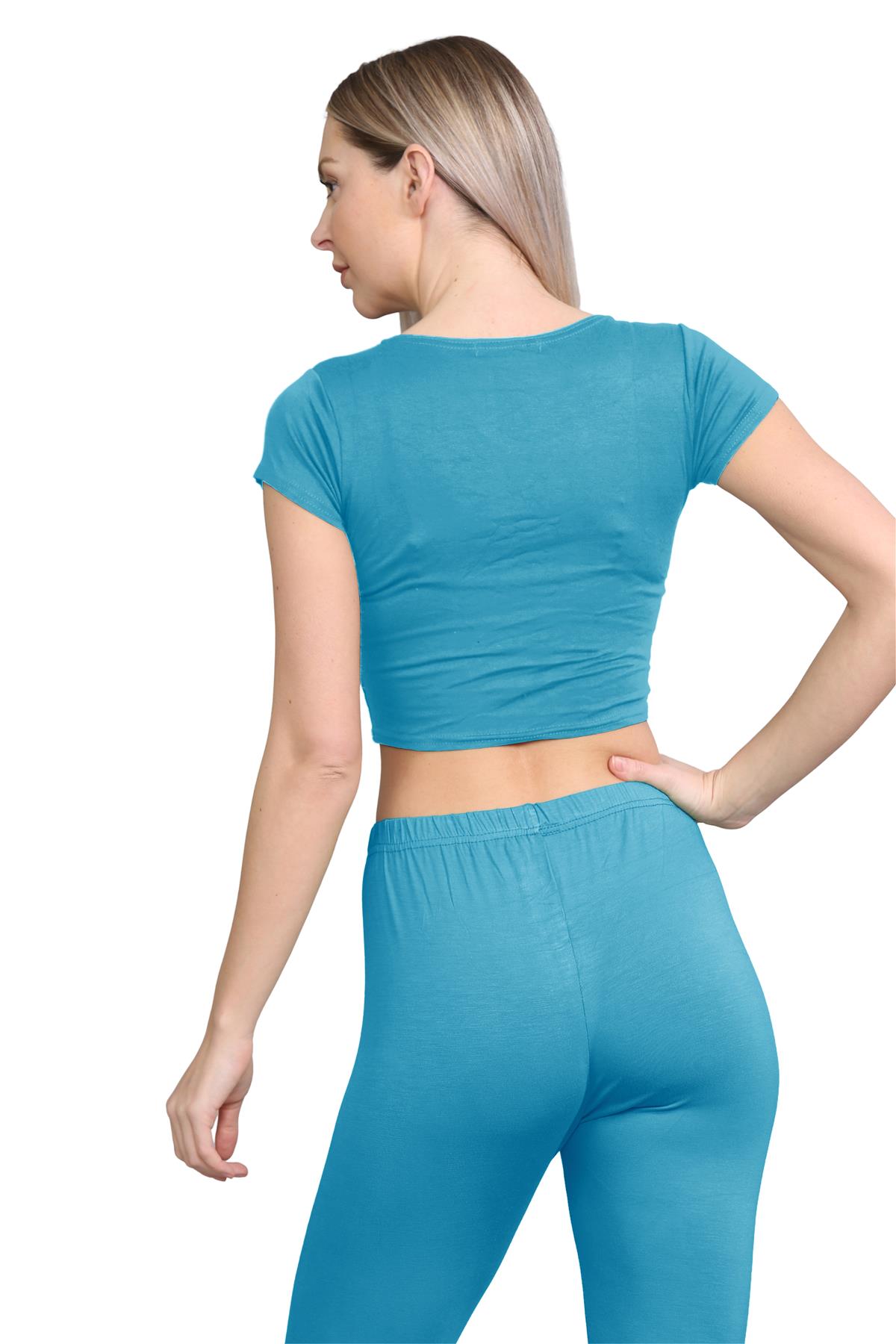 Damen Trainingsanzug Kurzarm Crop Top Sport Legging Workout Aktiv Lounge Set - Bild 123 von 148