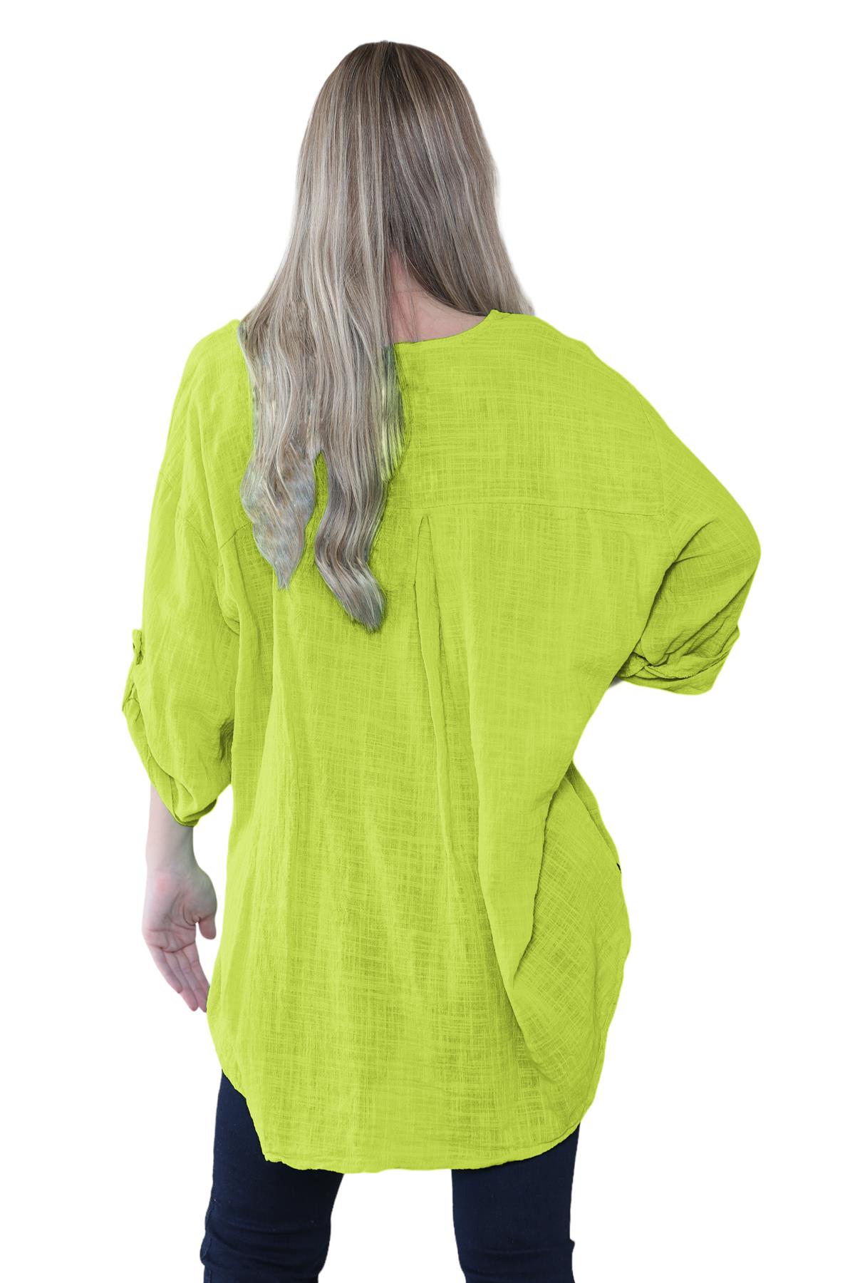 Camiseta informal lisa de lino y algodón con un botón de manga giratoria italiana para dama - Imagen 26 de 63