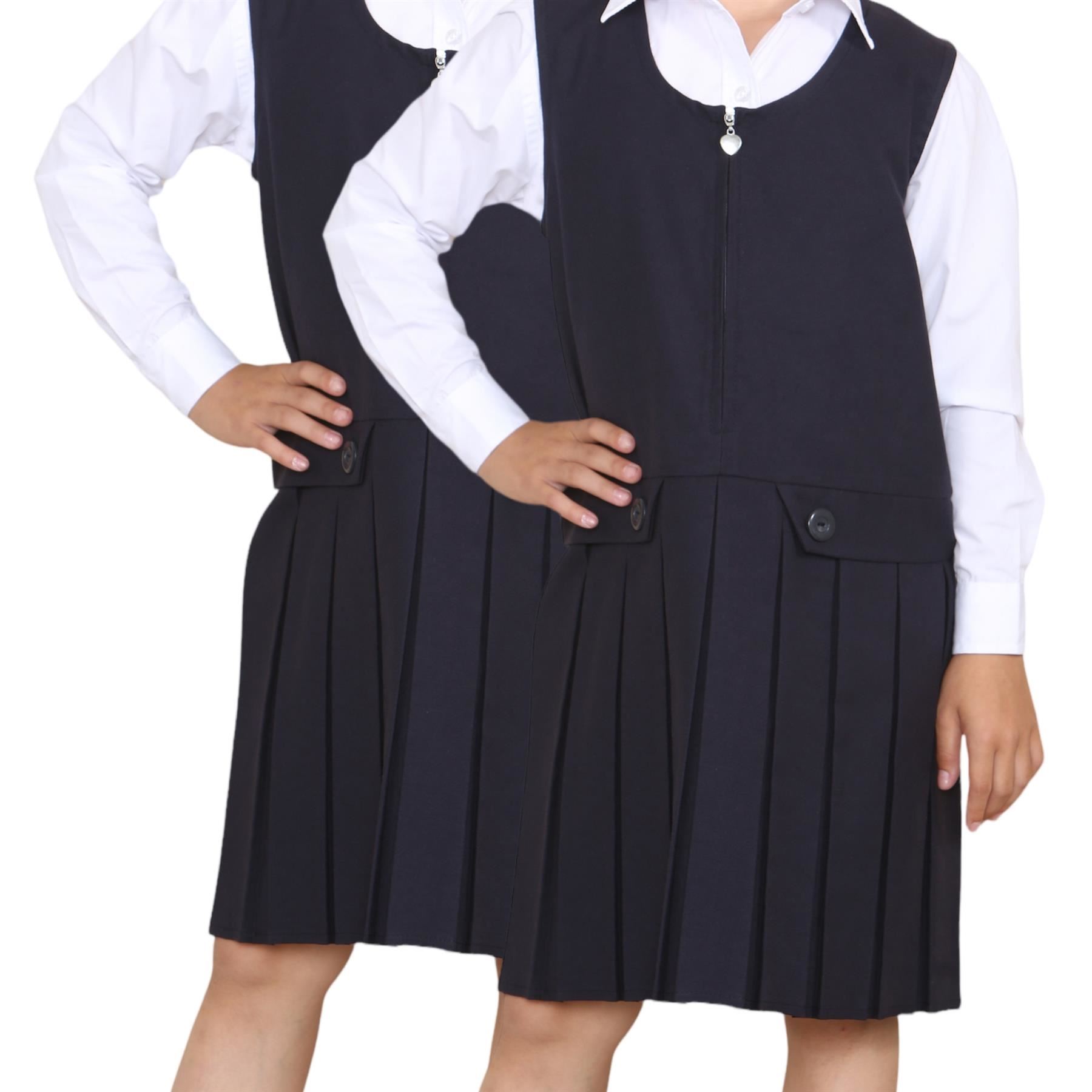 Niñas Delantal Vestido Caja Plisada Dos Botones Frontal Cremallera Uniforme Escolar Paquete de 2 - Imagen 2 de 23