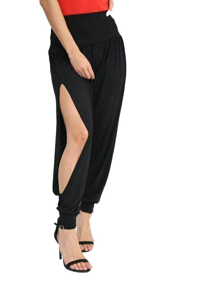 Womens Harem Trouser Side Slit Split Plain Ali Baba Cuffed Bottom Dance Leggings - Picture 4 of 5