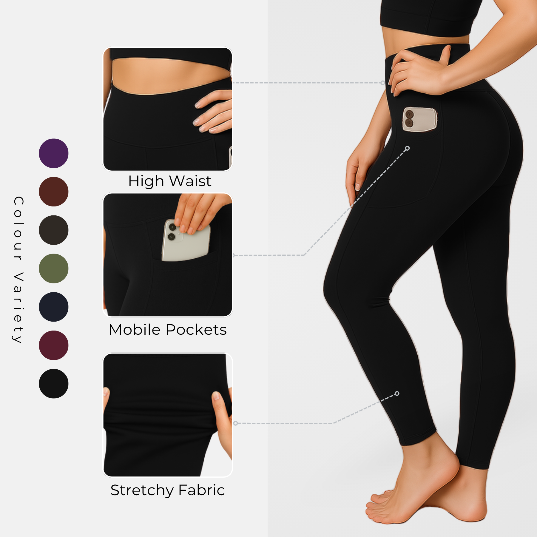 Womens Activewear Leggings High Waist Gym Yoga Workout Leggings With Pockets - Picture 7 of 50