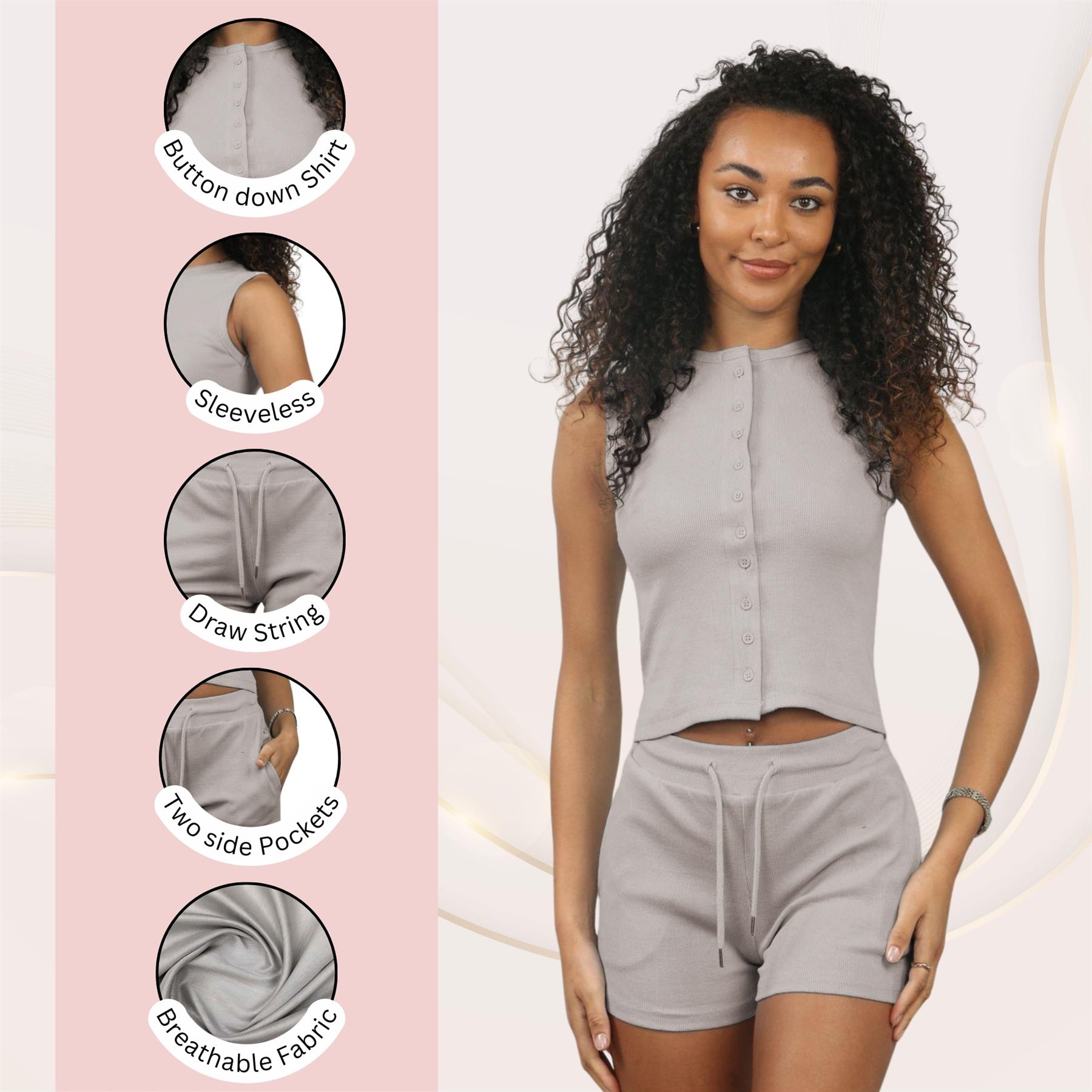 Damen Gerippt Ärmellos Knopfleiste Crop Top und Kordelzug Shorts Loungewear Set - Bild 24 von 49