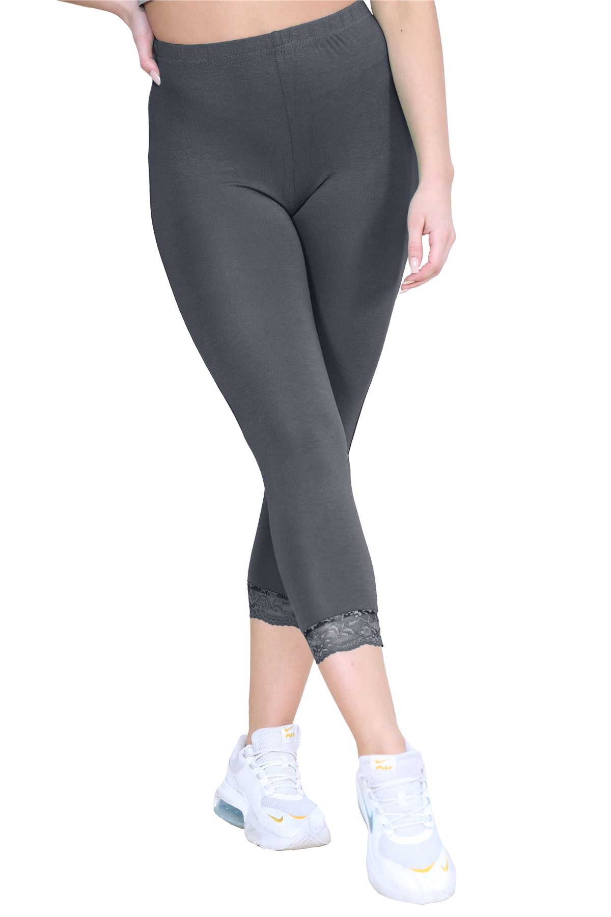 New Ladies Plain Lace Trim Cropped Yoga Stretchy 3/4 Length Capri Leggings Pants - Picture 103 of 132