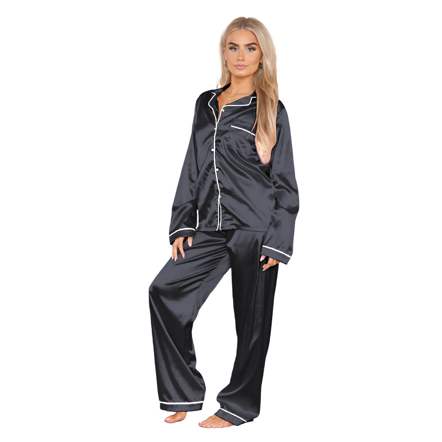 Conjunto de 2 piezas de pijama de satén de manga larga con botones camisa pantalón para damas - Imagen 9 de 43