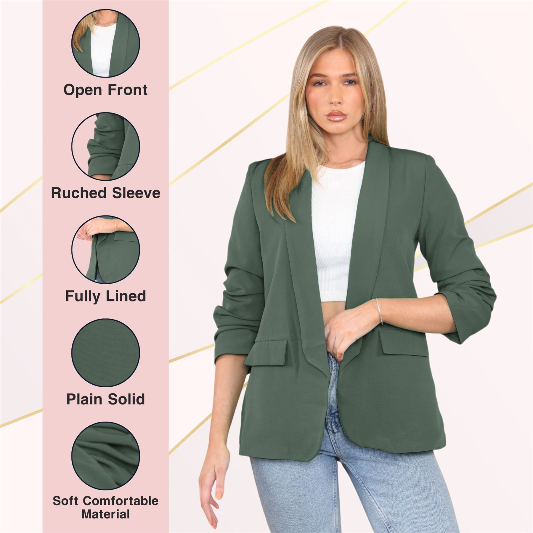 Blazer de manga acanalada para damas totalmente forrado cuello liso informal chaqueta de oficina top - Imagen 32 de 97