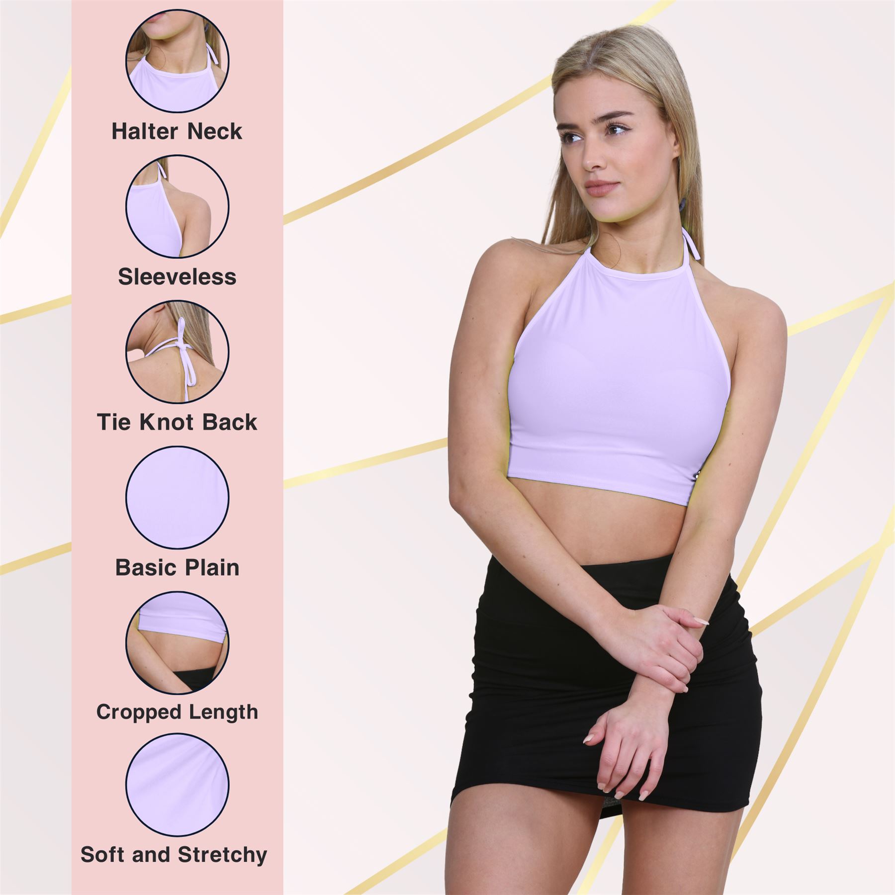 Halter Neck Crop Top Womens Vest Top Plain Tie Knot Top Basic Sleeveless T-Shirt - Picture 70 of 170