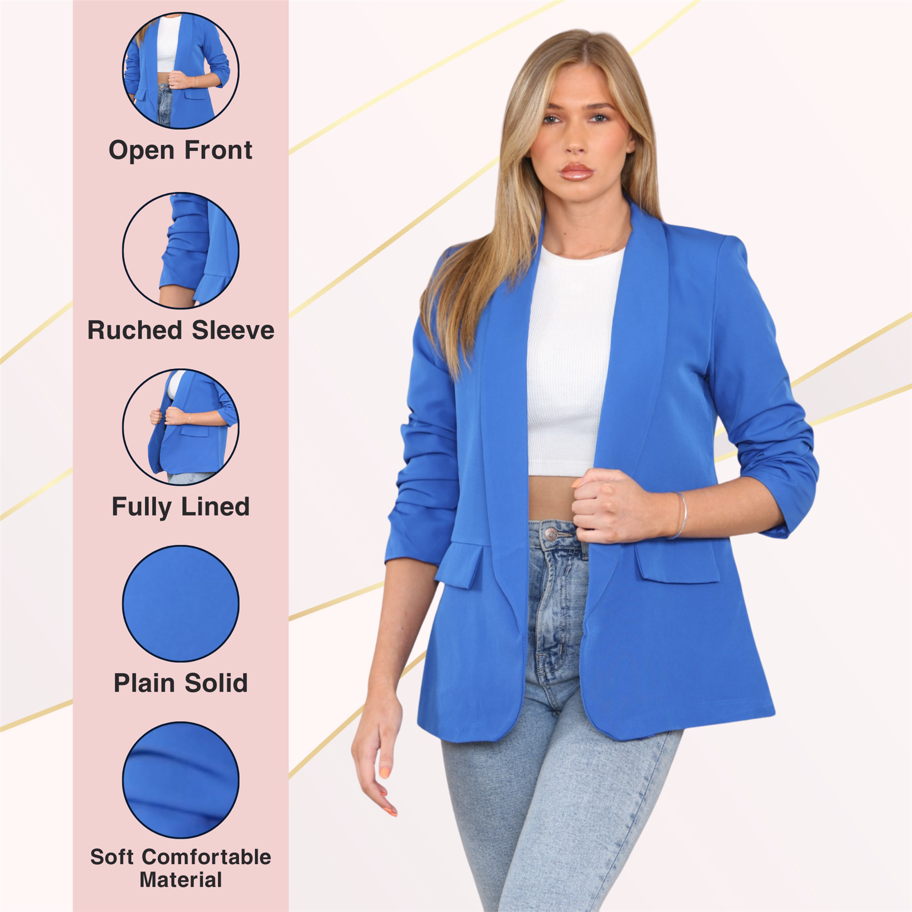 Blazer de manga acanalada para damas totalmente forrado cuello liso informal chaqueta de oficina top - Imagen 67 de 97