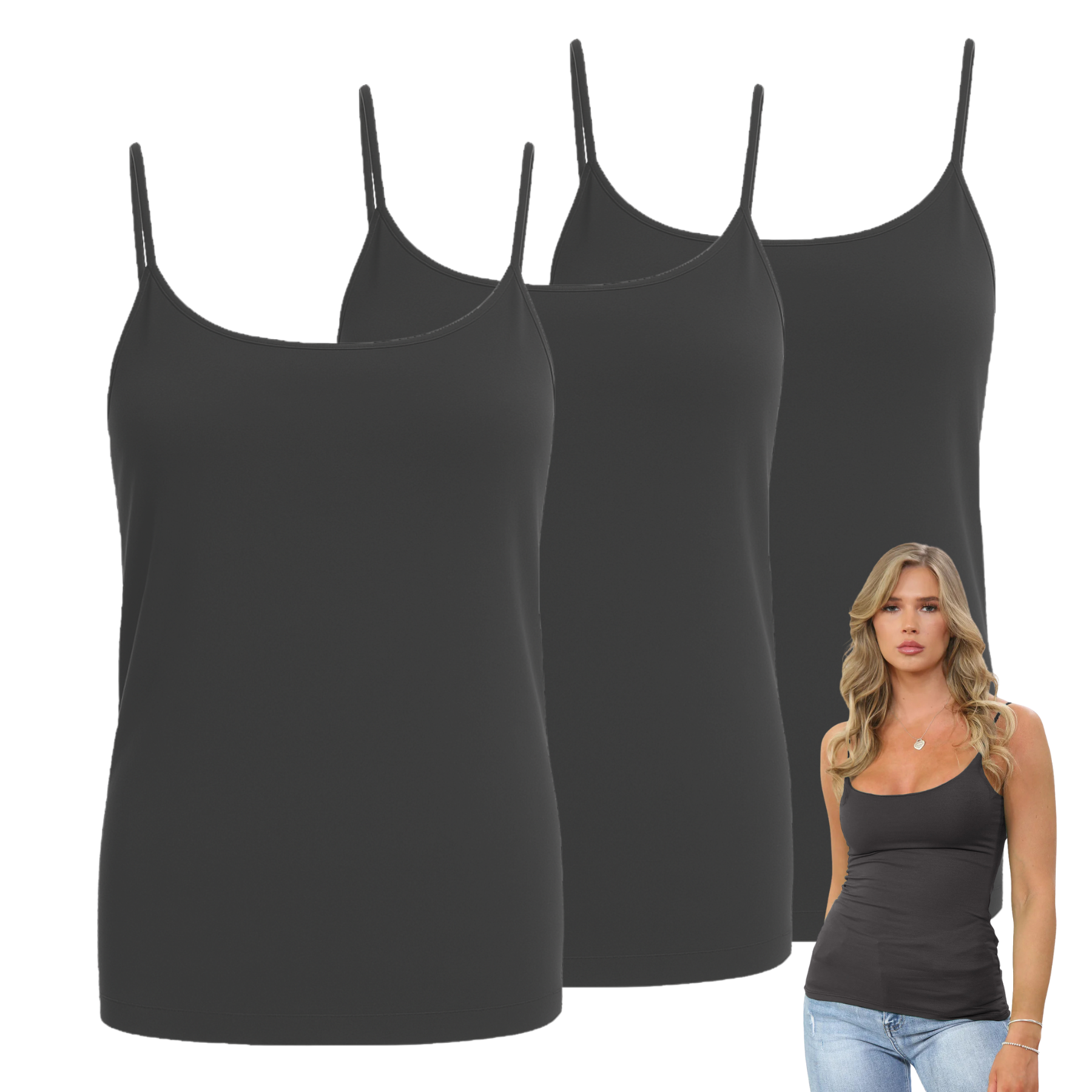 Womens Bodycon Cami Strappy Tank Top Plain Summer Activewear Vest Top, Pack of 3 - Picture 42 of 221