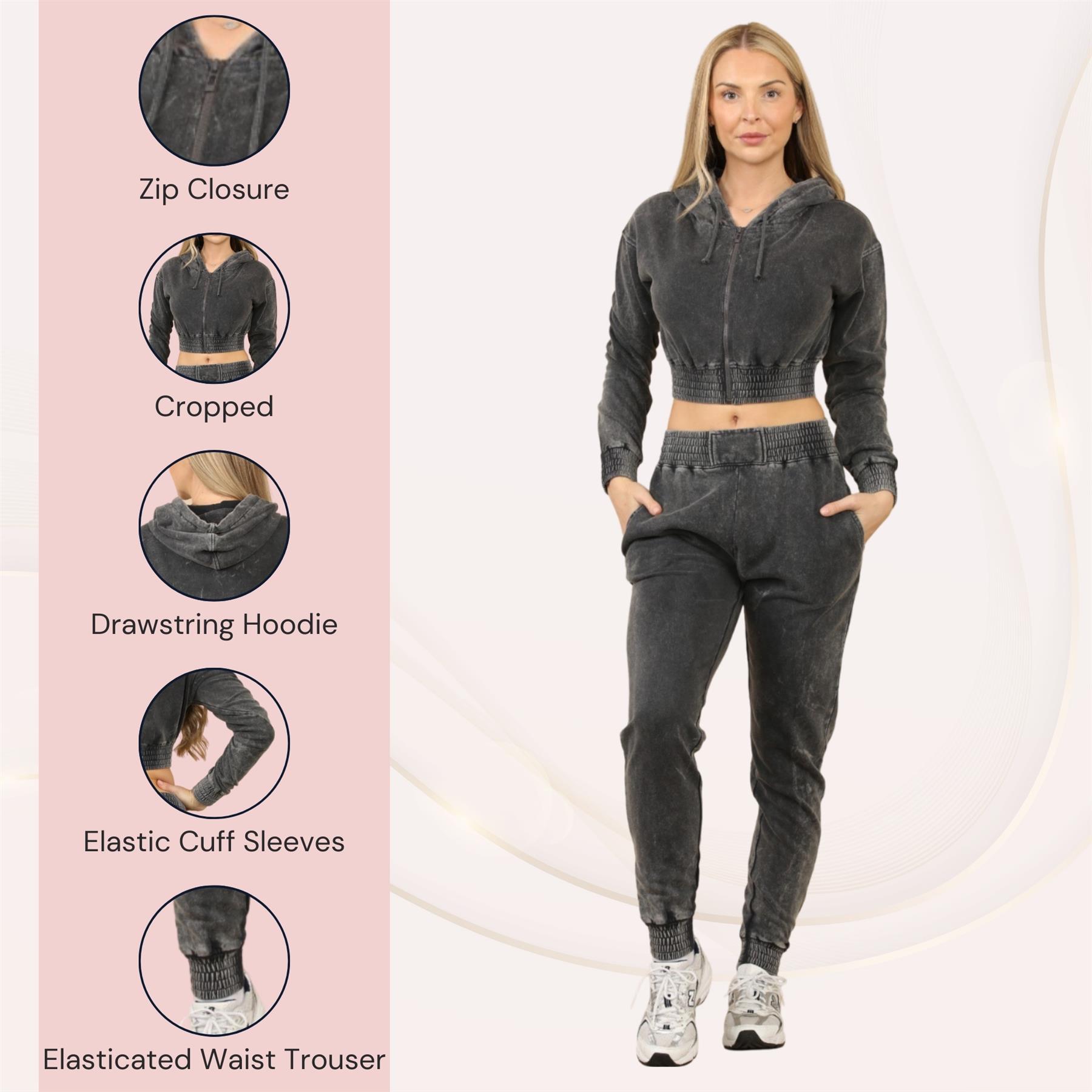 Womens Acid Wash Cropped Zip Hoodie Fleece Joggers Tracksuit 2Pcs Loungewear Set - Picture 18 of 24