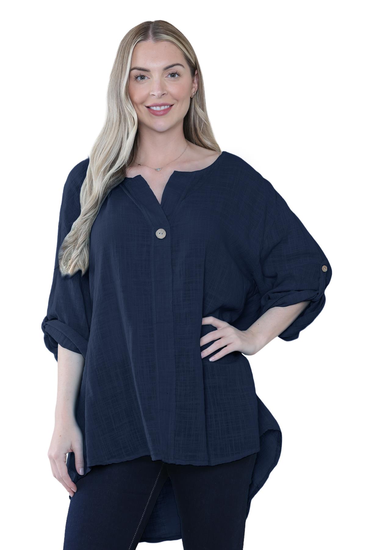Camiseta informal lisa de lino y algodón con un botón de manga giratoria italiana para dama - Imagen 30 de 63